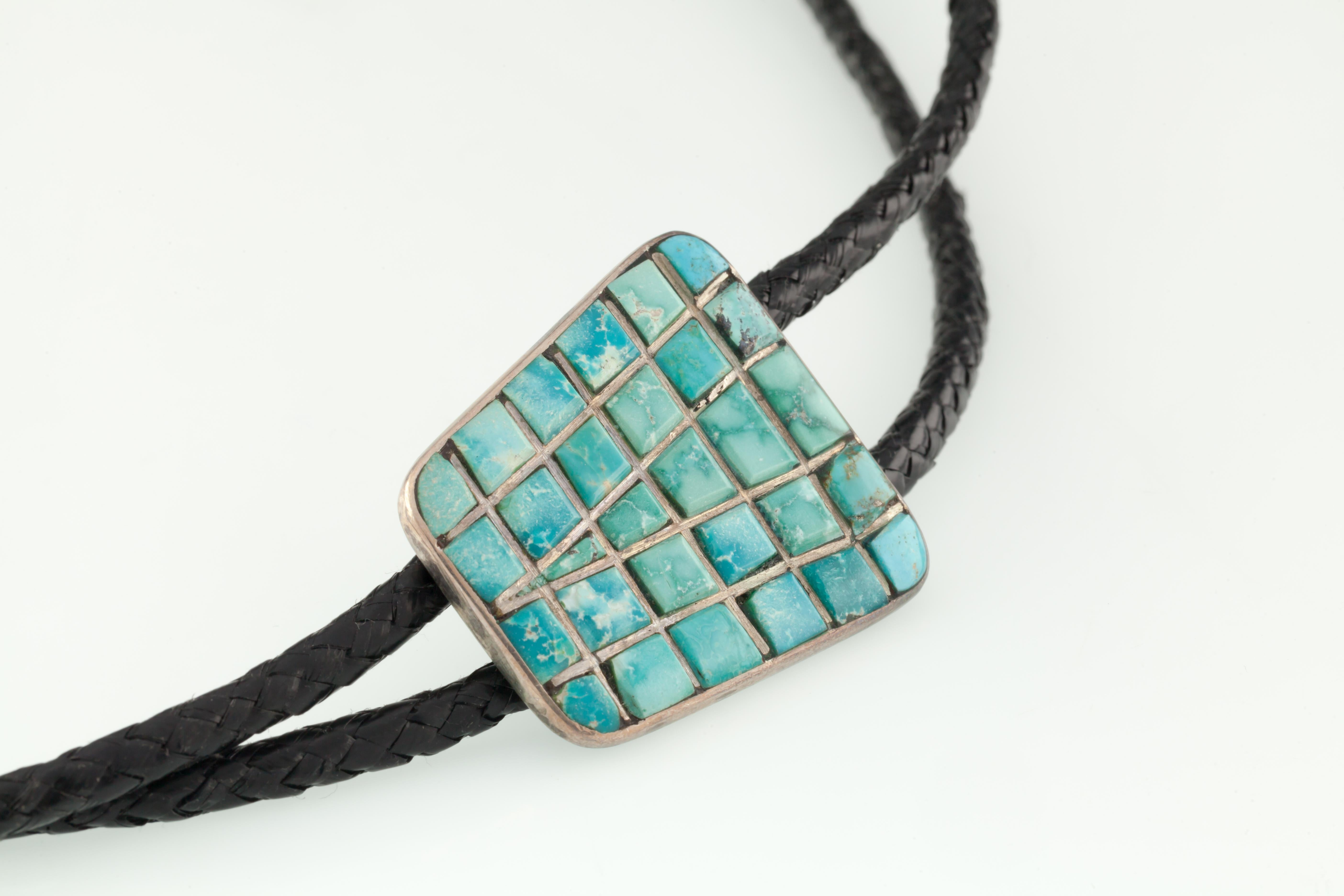 Vintage Zuni Hand-Signed Turquoise Inlay Sterling Silver Bolo Tie, Black Leather In Good Condition In Sherman Oaks, CA