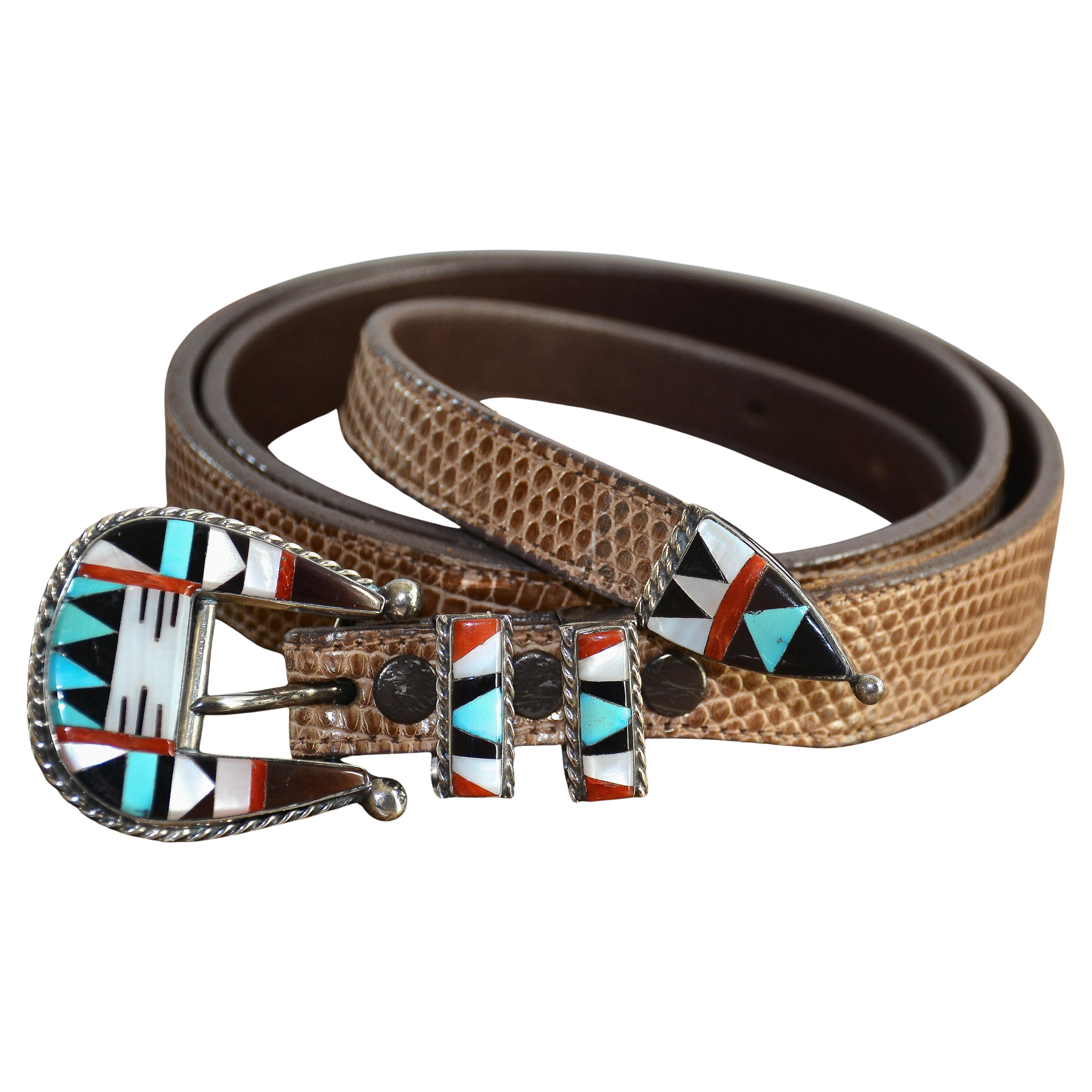 Vintage Zuni Inlaid and Sterling Silver Ranger Buckle Set