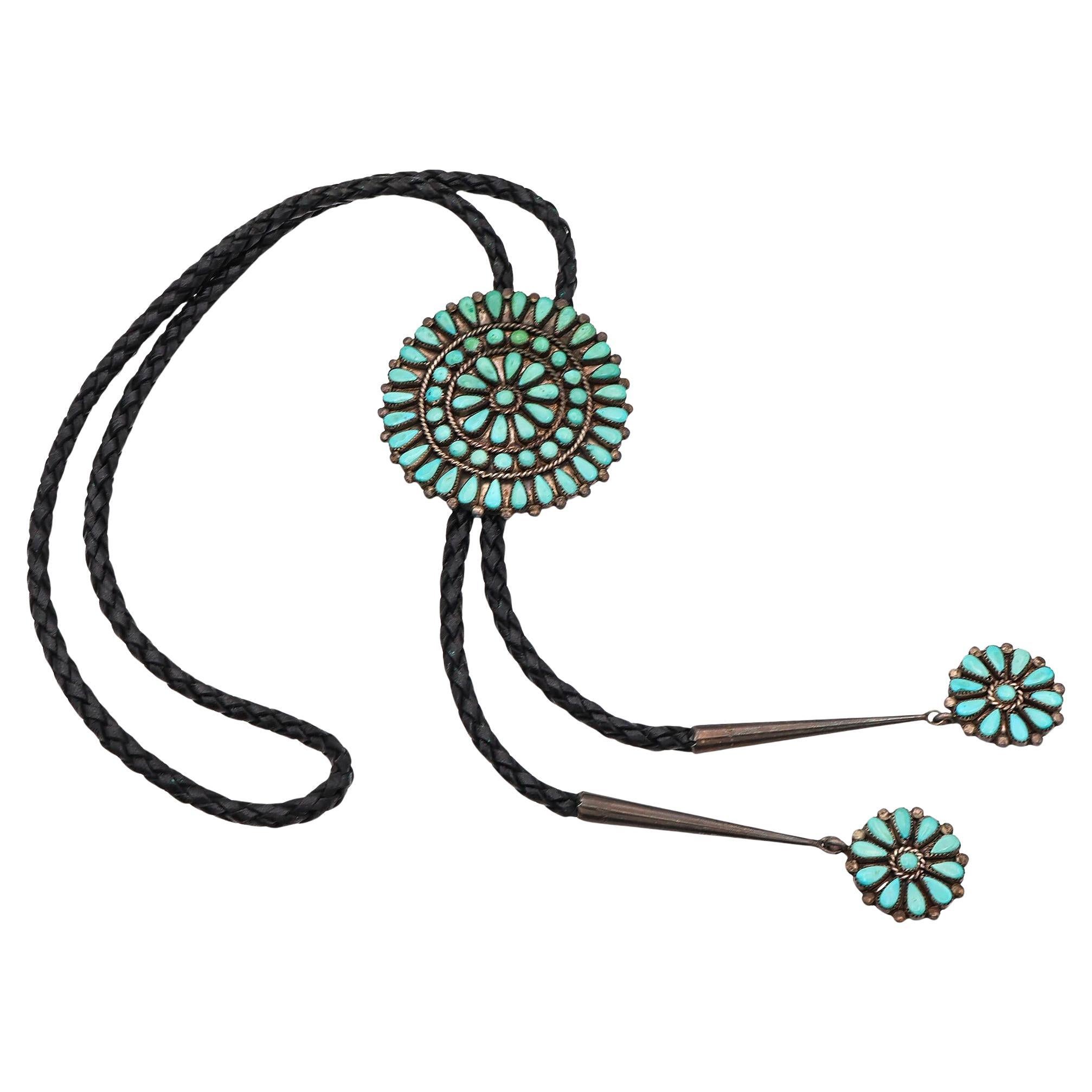 Vintage Zuni L.L. Signed Sterling Silver Turquoise Cluster Bolo Tie