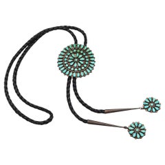 Vintage Zuni L.L. Signed Sterling Silver Turquoise Cluster Bolo Tie