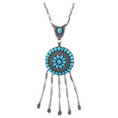 Vintage Zuni Mary & Lee Weebothee Morenci Turquoise Fringe Necklace Movable