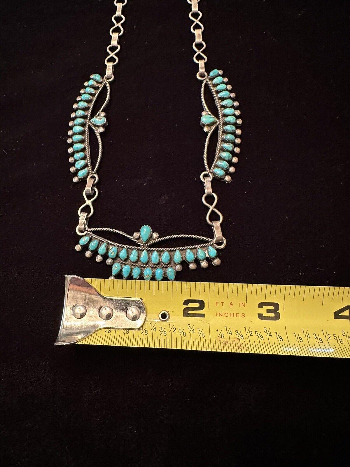 Vintage Zuni Native American Turquoise Sterling Silver Squash Blossom Necklace For Sale 4