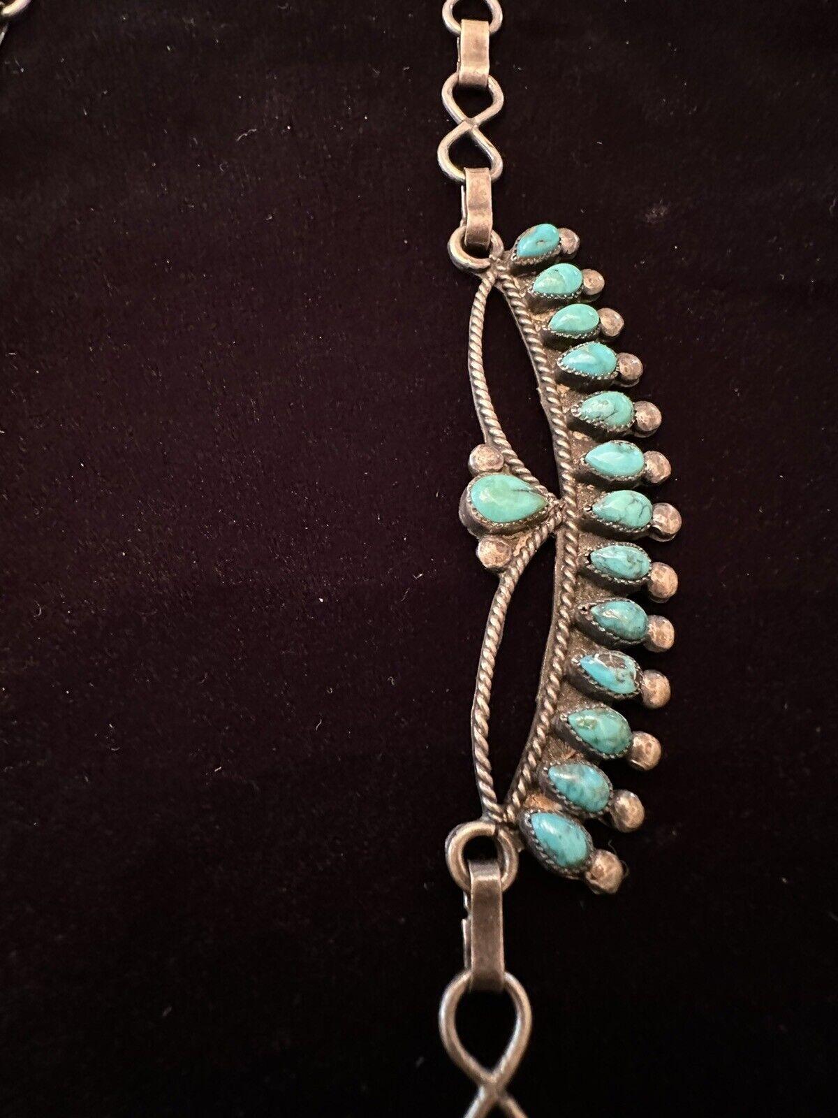 Modernist Vintage Zuni Native American Turquoise Sterling Silver Squash Blossom Necklace For Sale
