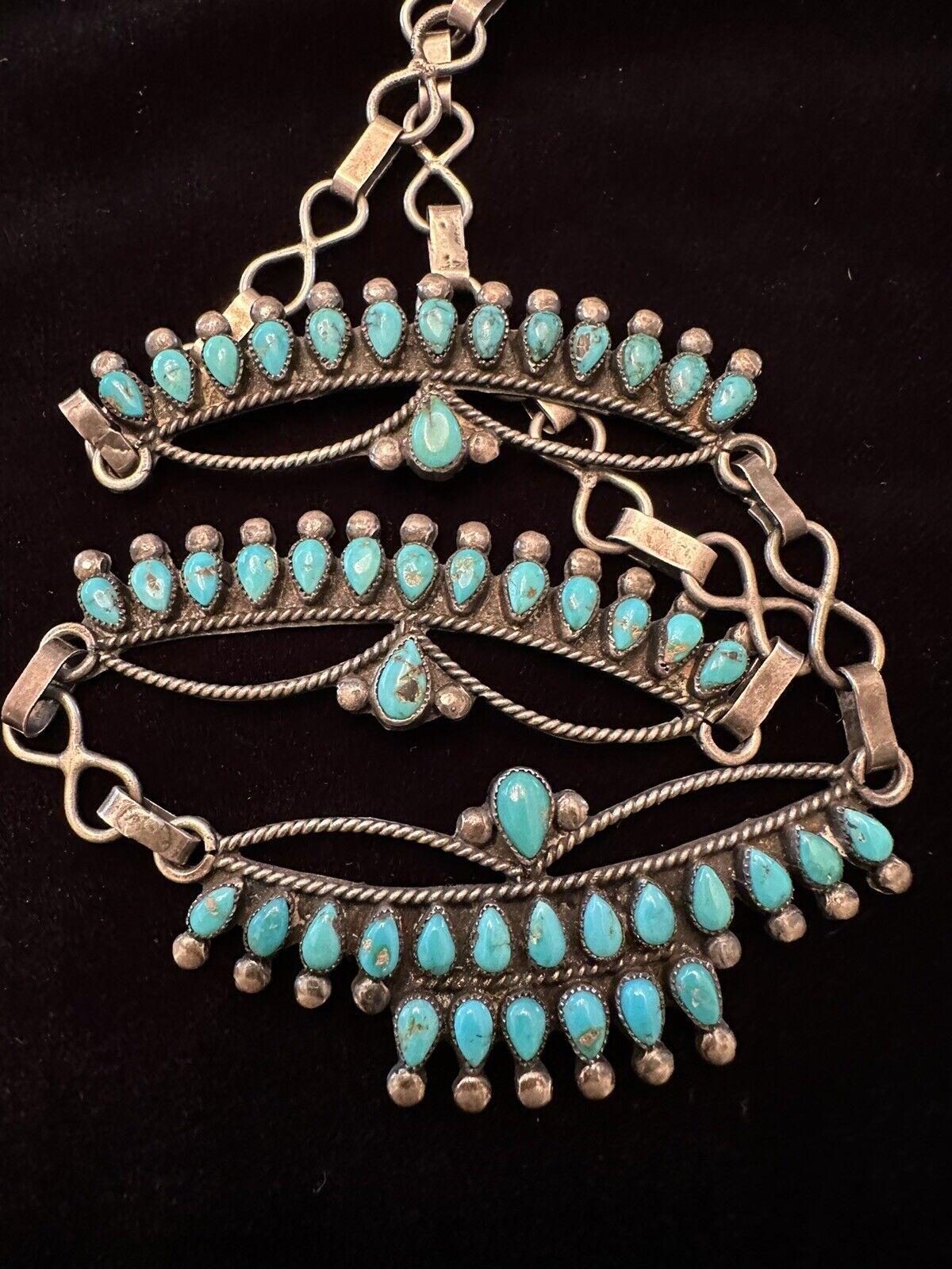 Women's Vintage Zuni Native American Turquoise Sterling Silver Squash Blossom Necklace For Sale