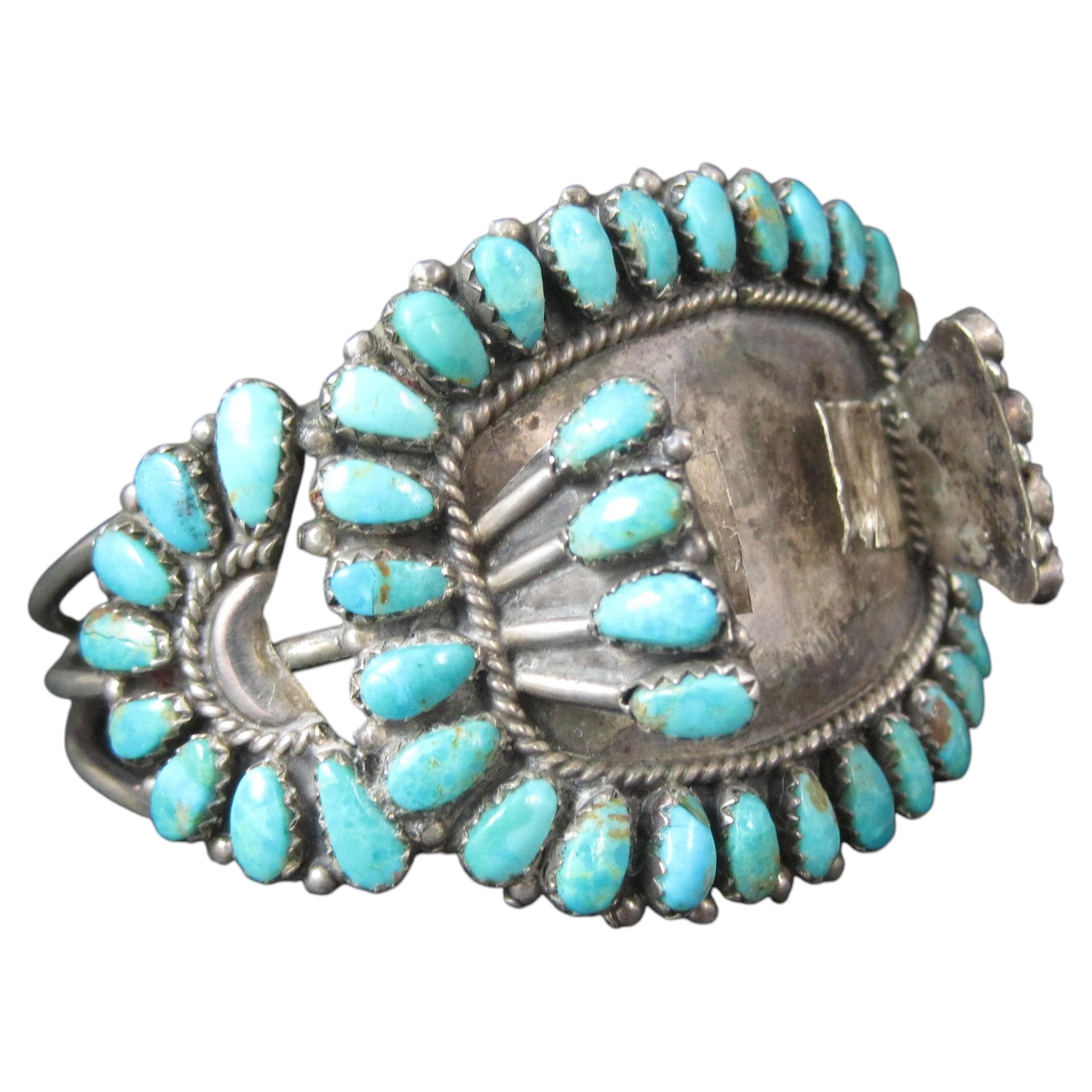 Vintage Native American Petit Point Turquoise Watch Band Cuff Bracelet 6.5" For Sale