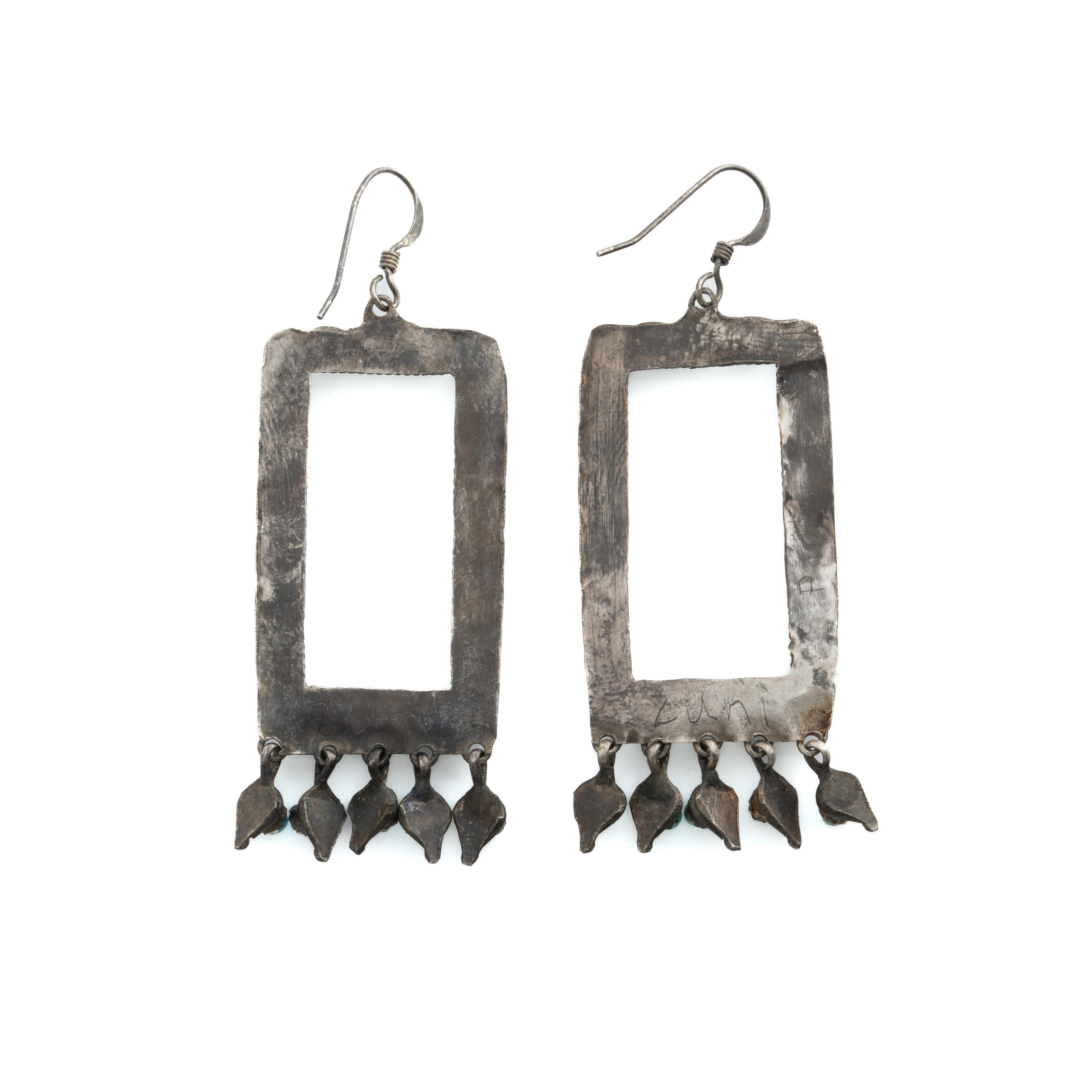 Native American Vintage Zuni Silver and Turquoise Square Fringe Earrings, c.1970s