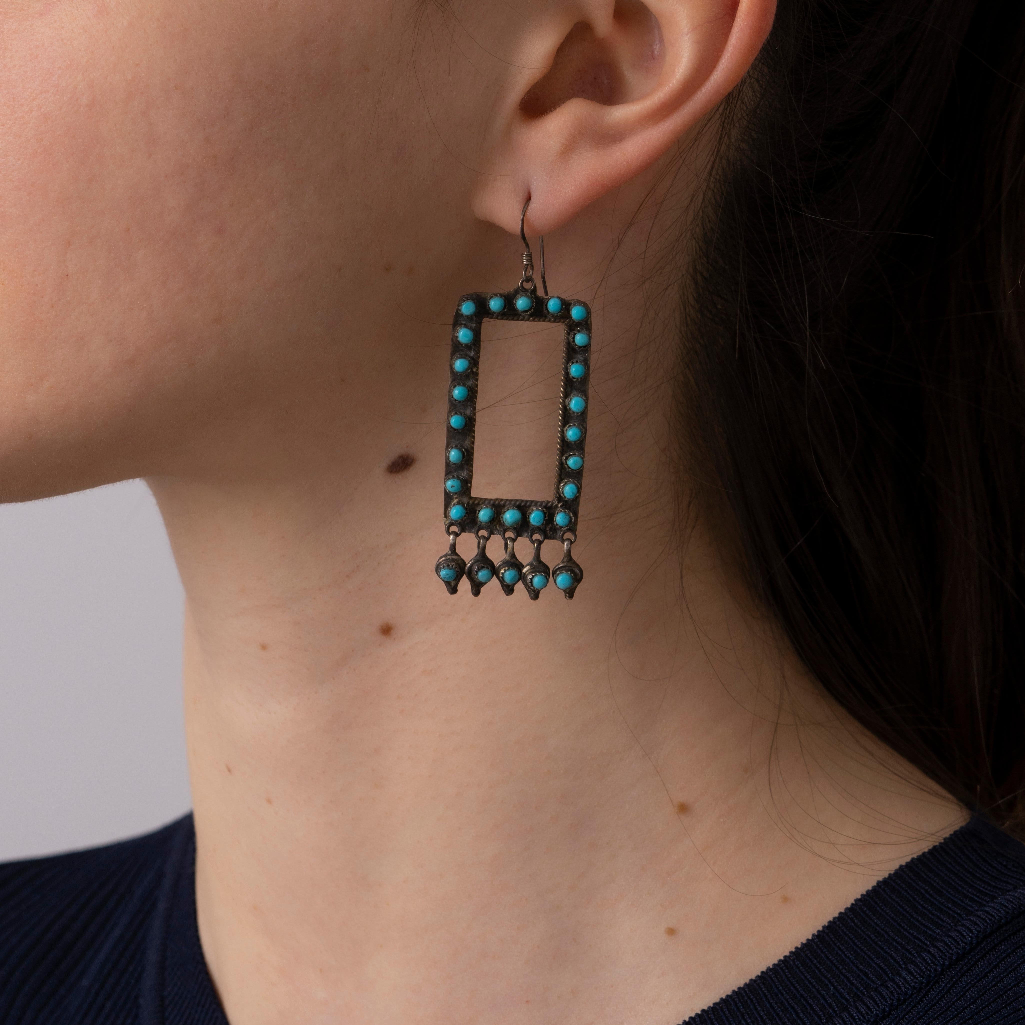 Round Cut Vintage Zuni Silver and Turquoise Square Fringe Earrings, c.1970s
