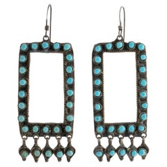 Vintage Zuni Silver and Turquoise Square Fringe Earrings, c.1970s