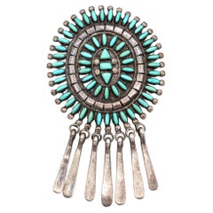Vintage Zuni Sterling Silver Needlepoint Turquoise Cluster Brooch Pin Pendant