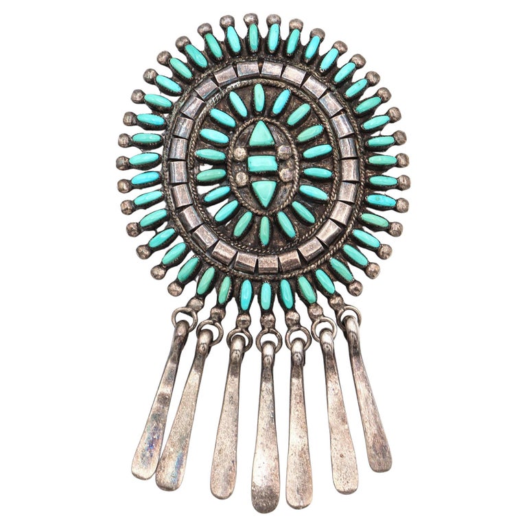 Vintage Zuni Sterling Silver Needlepoint Turquoise Cluster Brooch 