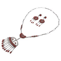 Vintage Zuni Sterling Silver & Red Coral Cluster Necklace & Earrings Set