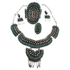 Vintage Zuni Turquoise Needlepoint Sterling 4-Piece Parure Matching Jewelry Set