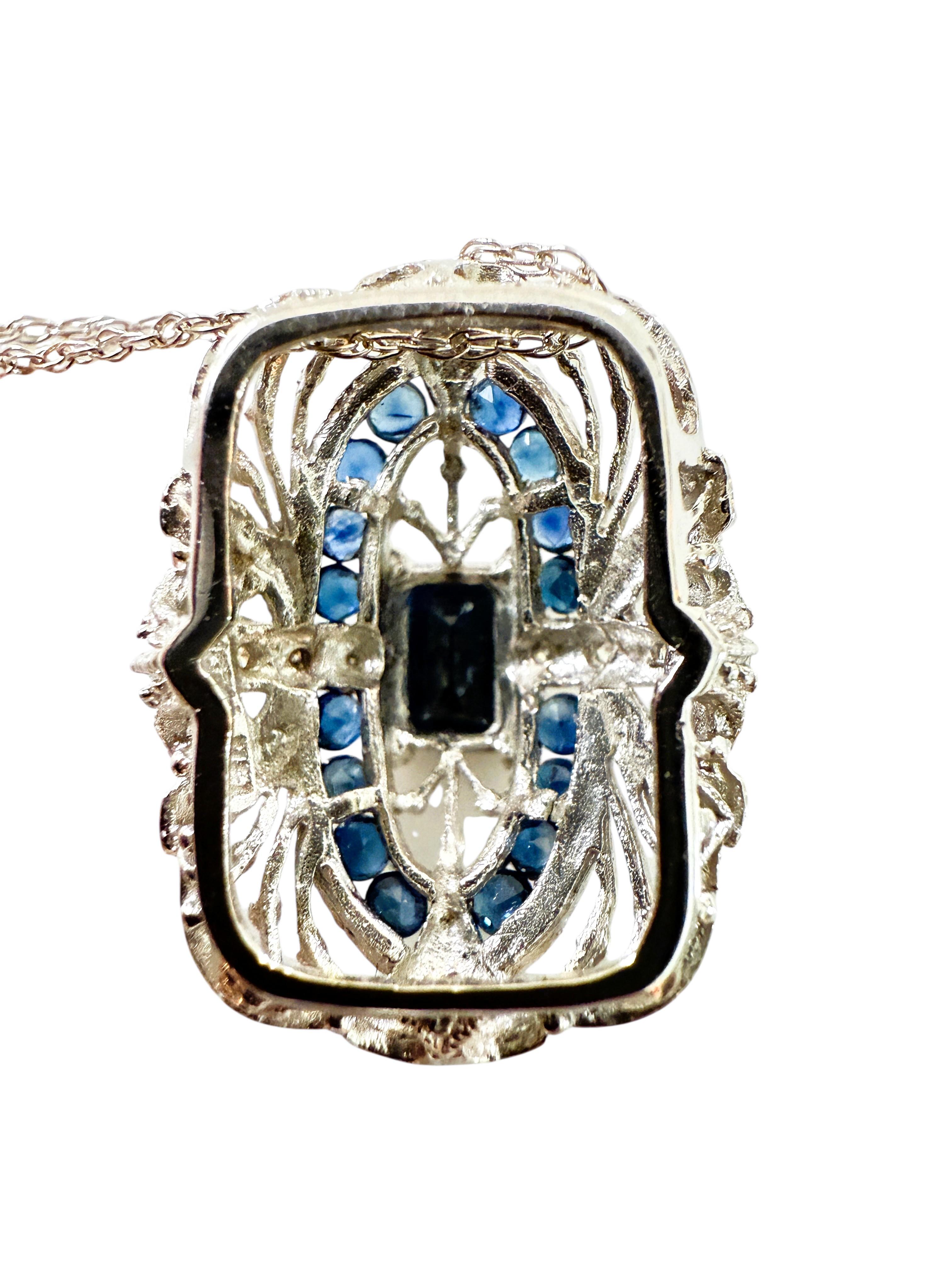 Vintage14K Weißgold .60 Karat MEDA Smaragdschliff Saphir & Diamant Halskette Damen im Angebot