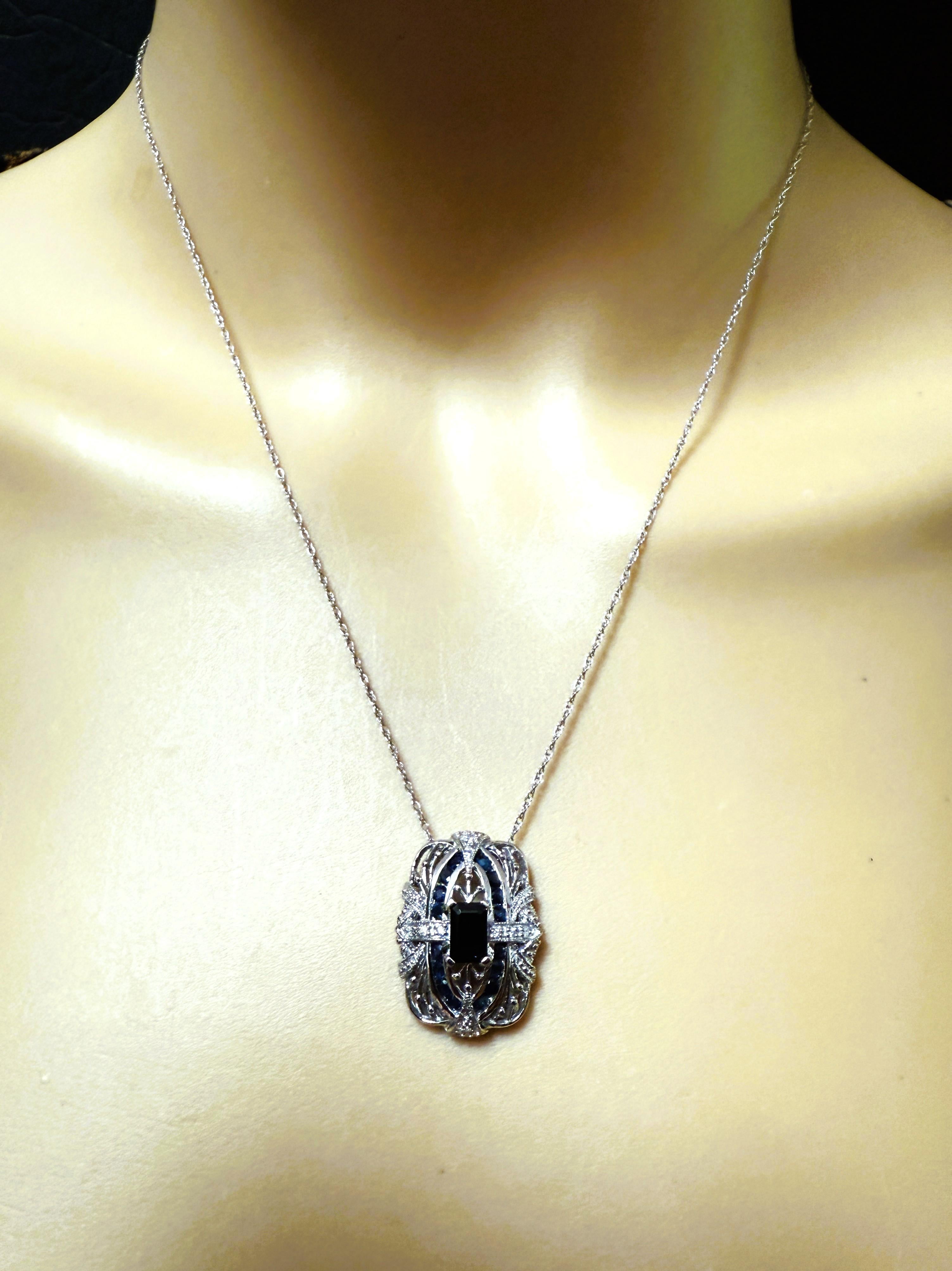 Vintage14K Weißgold .60 Karat MEDA Smaragdschliff Saphir & Diamant Halskette im Angebot 1
