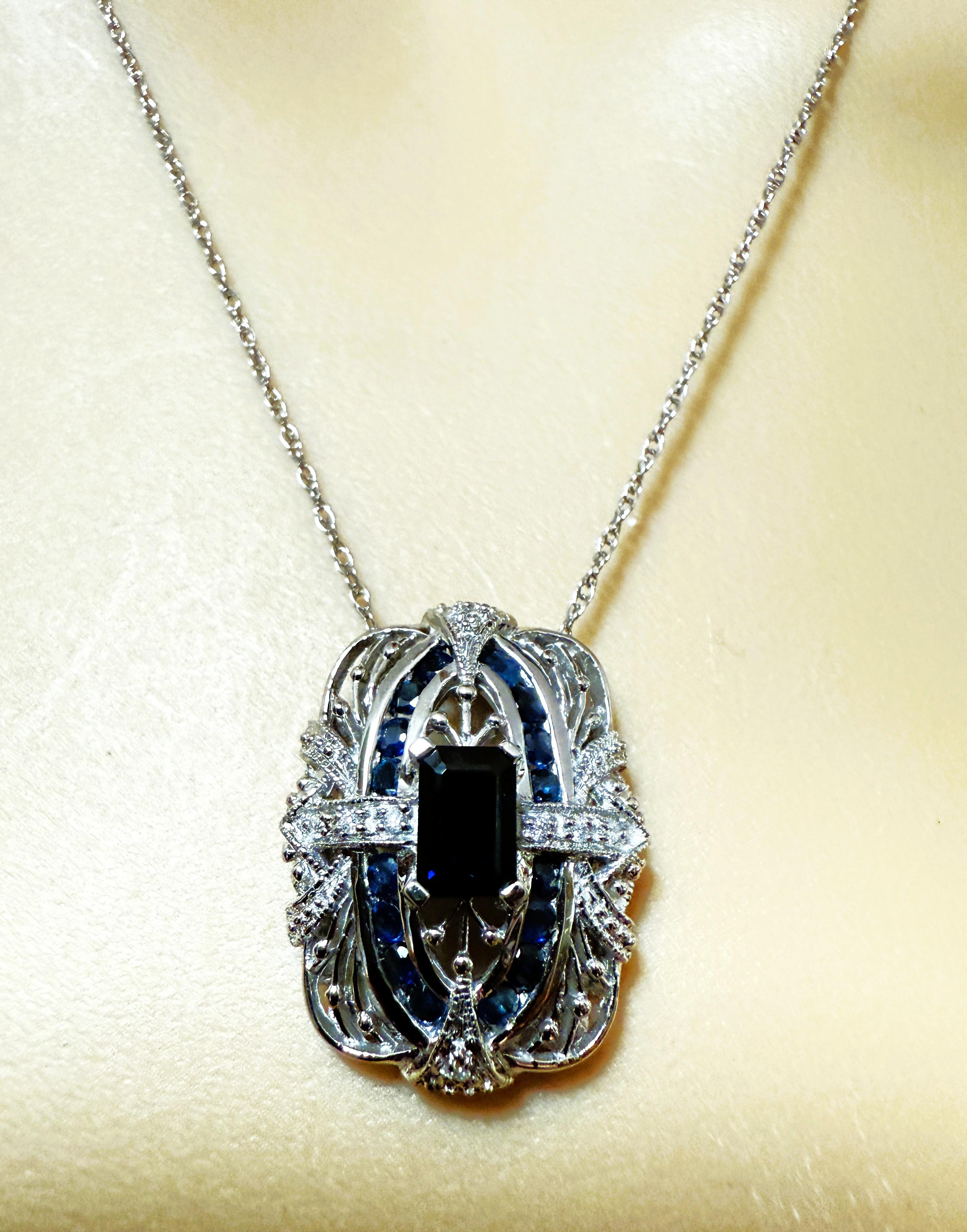 Vintage14K Weißgold .60 Karat MEDA Smaragdschliff Saphir & Diamant Halskette im Angebot 2