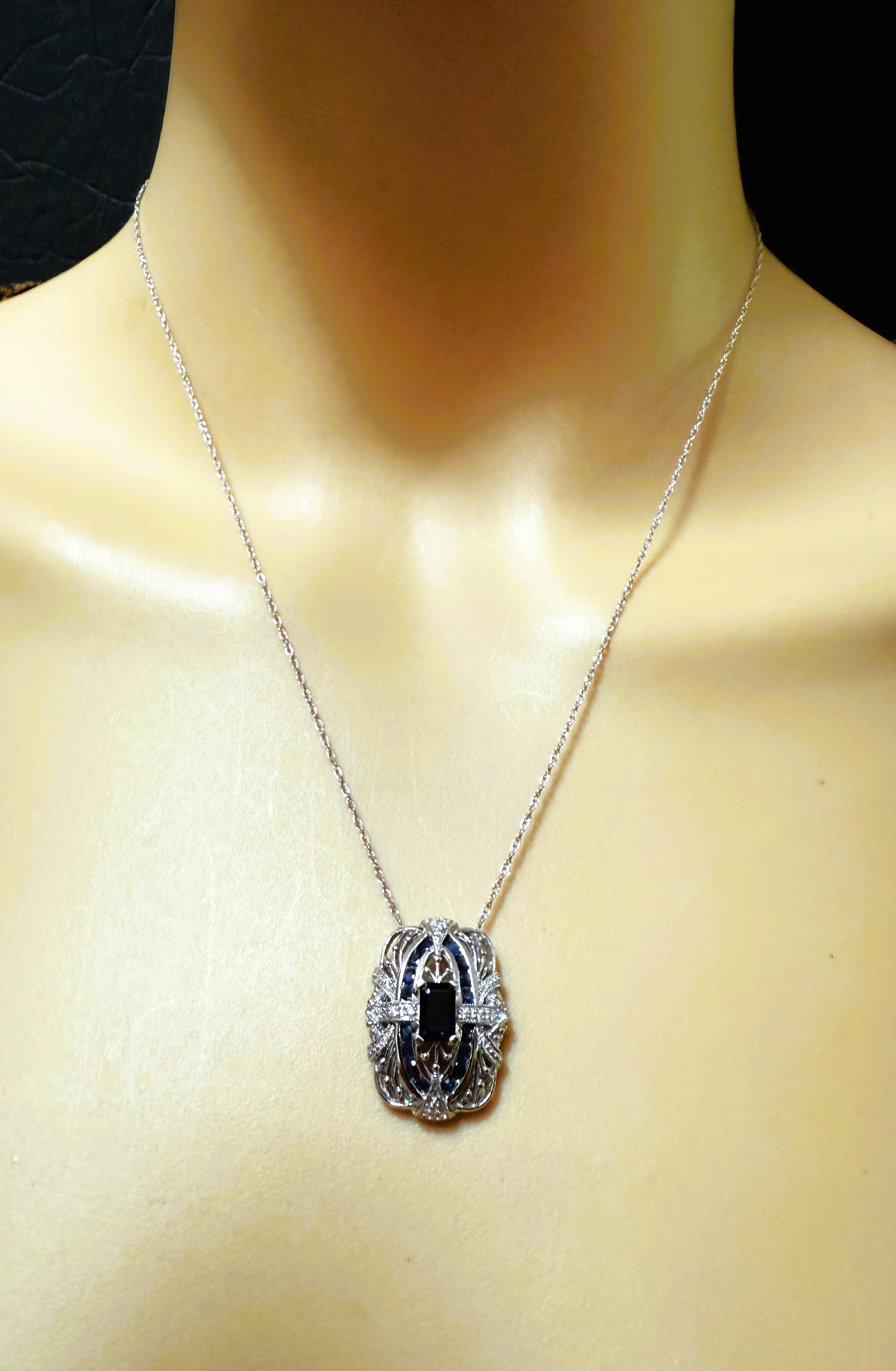 Vintage14K Weißgold .60 Karat MEDA Smaragdschliff Saphir & Diamant Halskette im Angebot 3