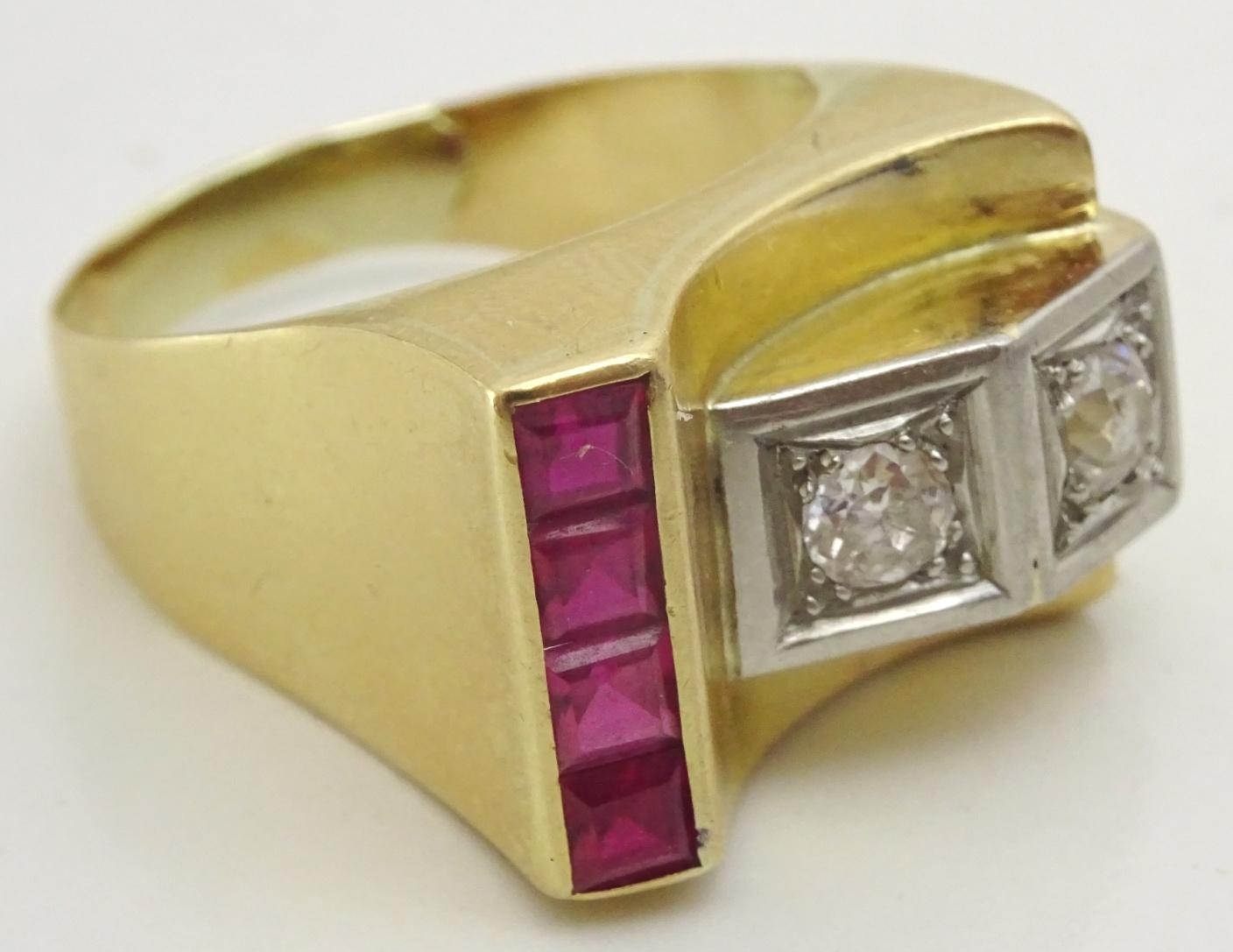 Art Deco Vintage1940's Tank Ring , set with Rubies and Diamonds For Sale