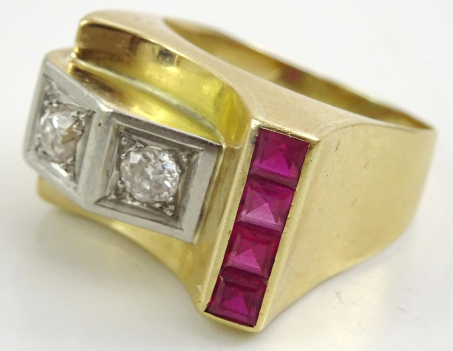 Vintage1940's Tank Ring , set with Rubies and Diamonds For Sale 2