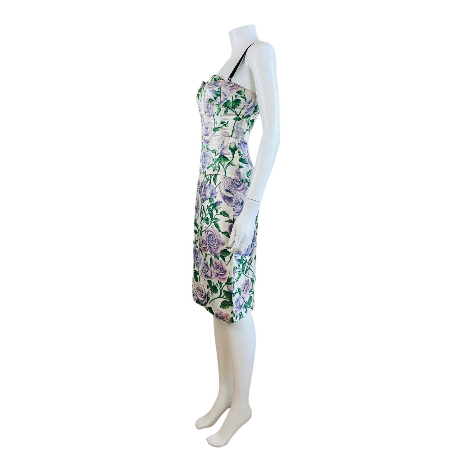Vintage2000s Dolce + Gabbana Silk Satin Purple Roses Floral Print Corset Skirt For Sale 6