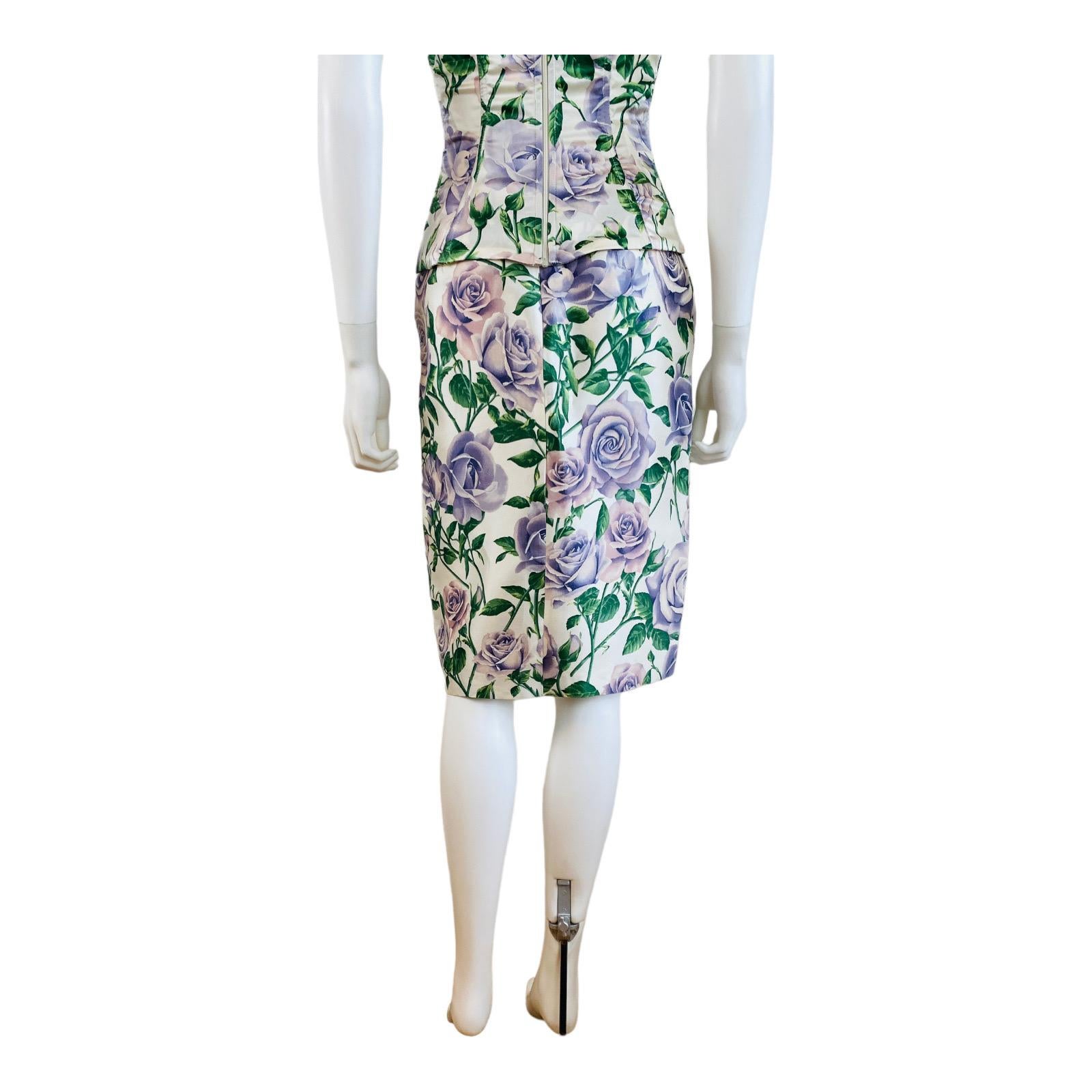 Vintage2000s Dolce + Gabbana Silk Satin Purple Roses Floral Print Corset Skirt For Sale 10