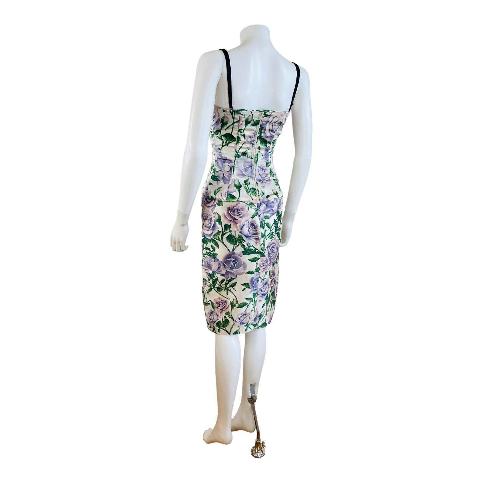 Vintage2000s Dolce + Gabbana Silk Satin Purple Roses Floral Print Corset Skirt For Sale 11