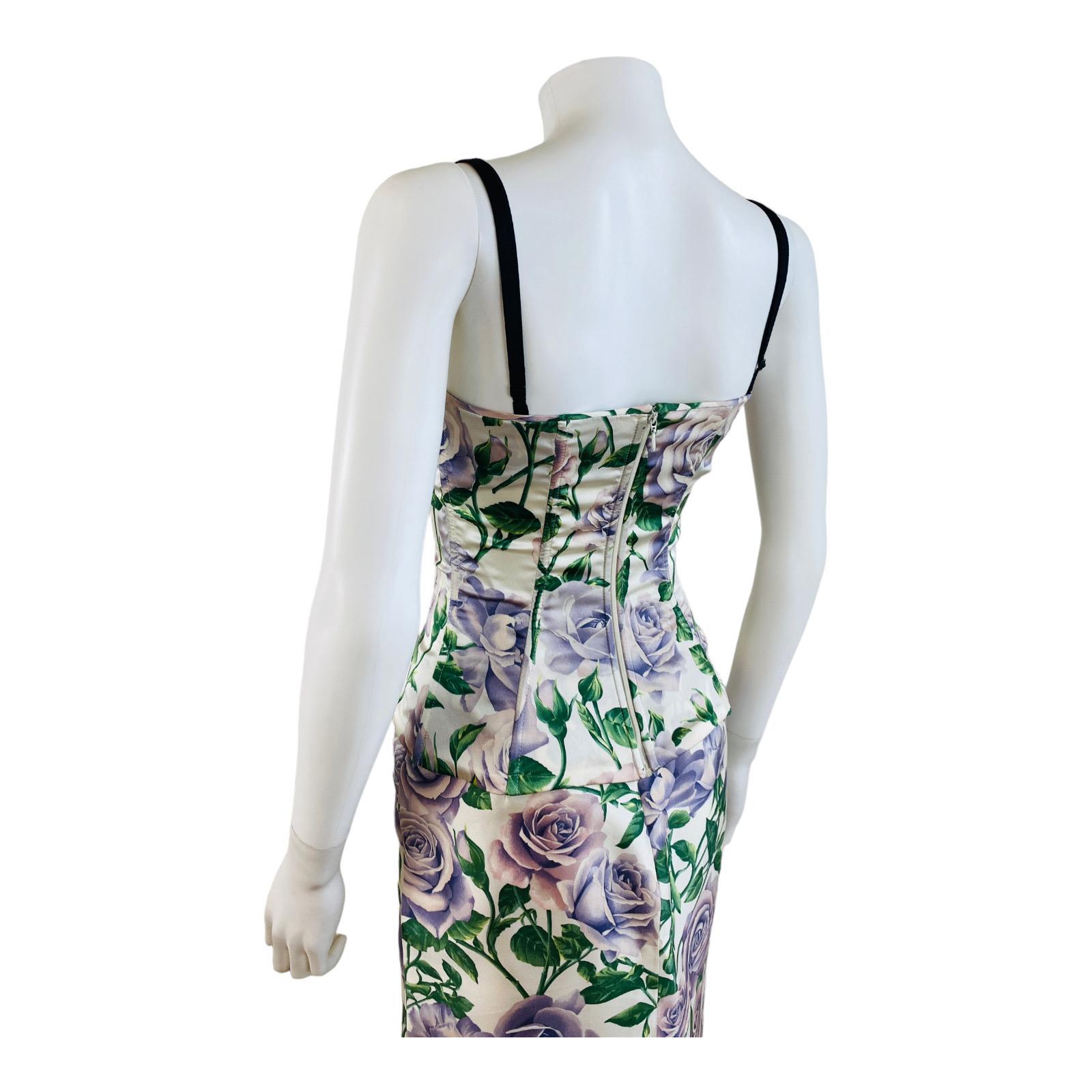 Vintage2000s Dolce + Gabbana Silk Satin Purple Roses Floral Print Corset Skirt For Sale 12