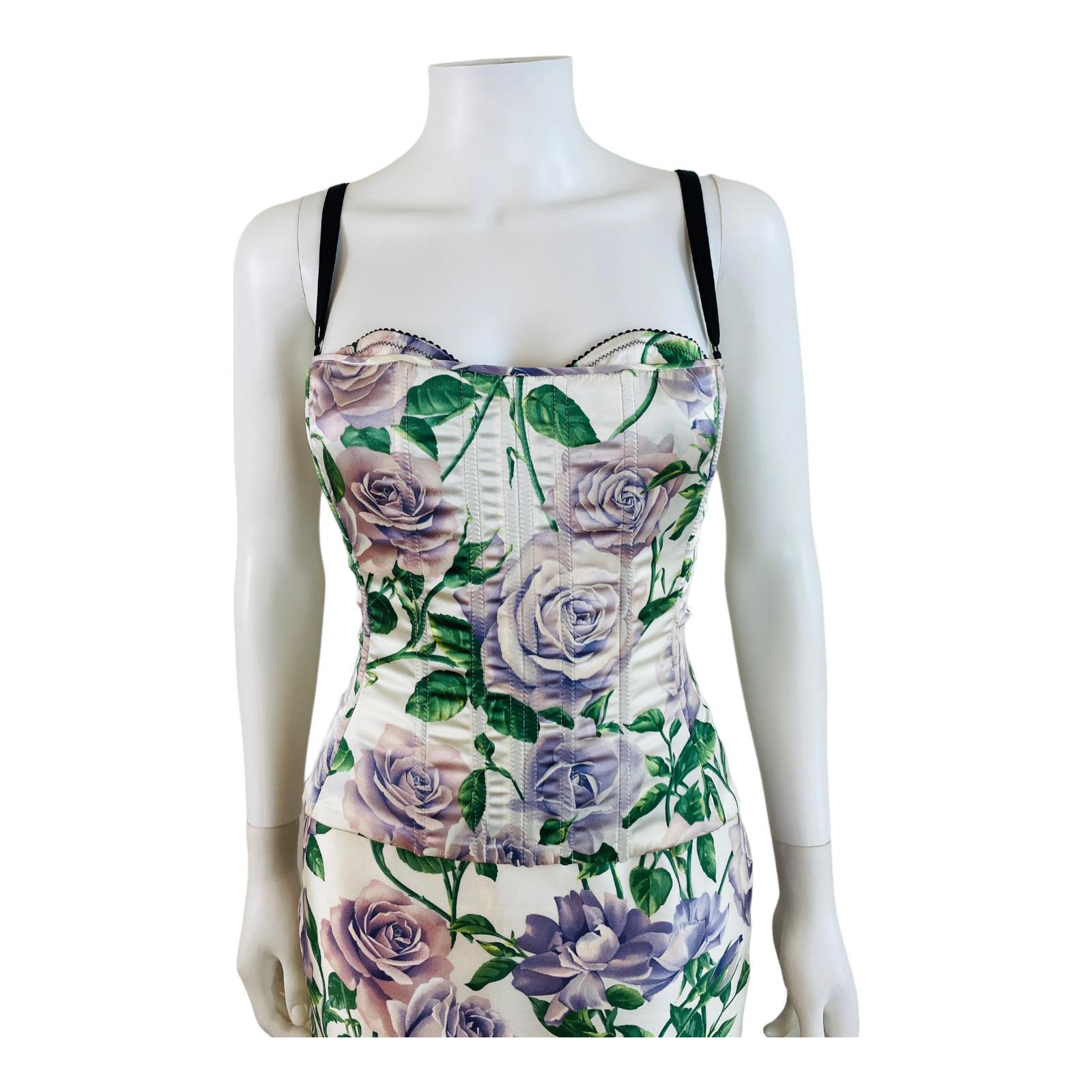 Women's Vintage2000s Dolce + Gabbana Silk Satin Purple Roses Floral Print Corset Skirt For Sale