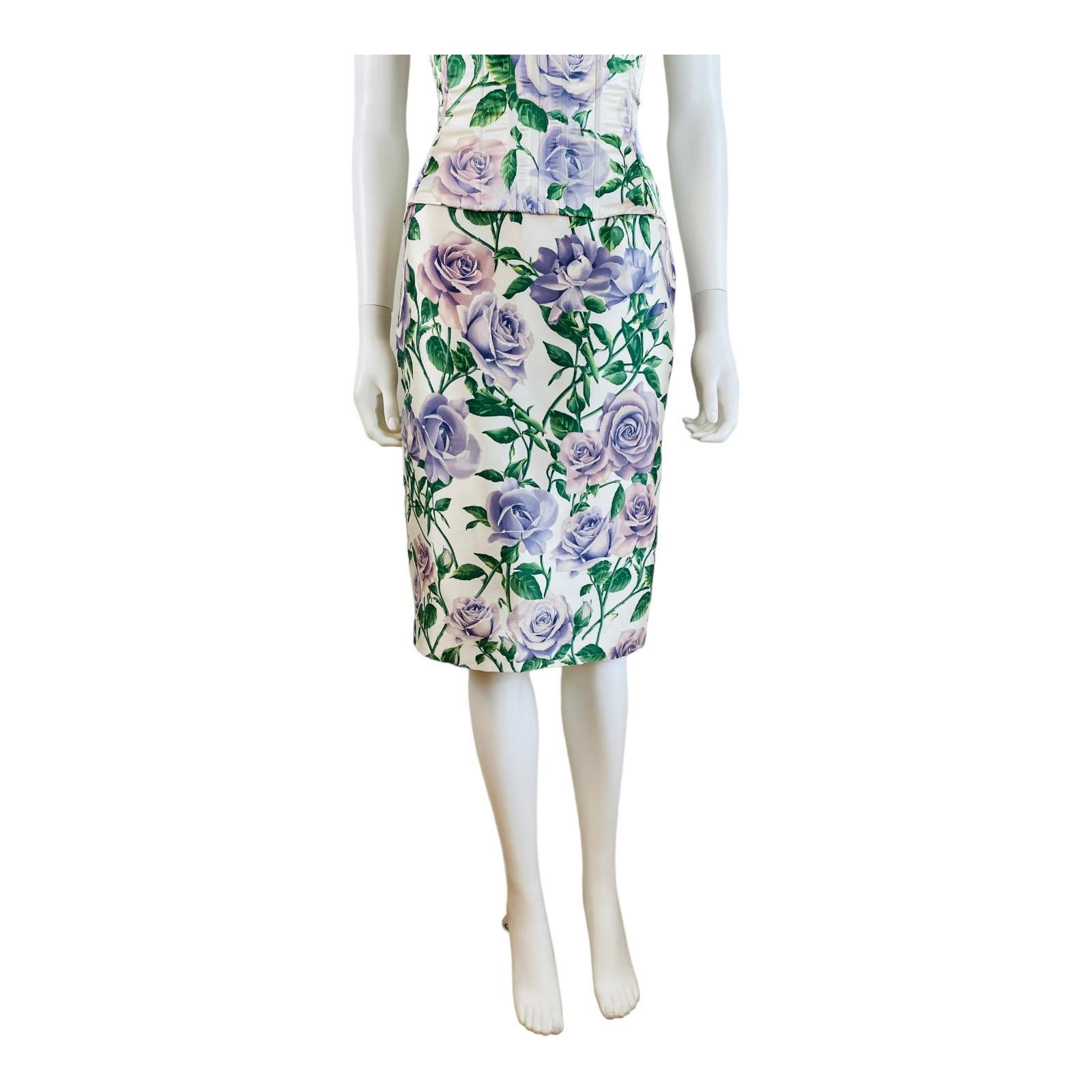 Vintage2000s Dolce + Gabbana Silk Satin Purple Roses Floral Print Corset Skirt For Sale 4