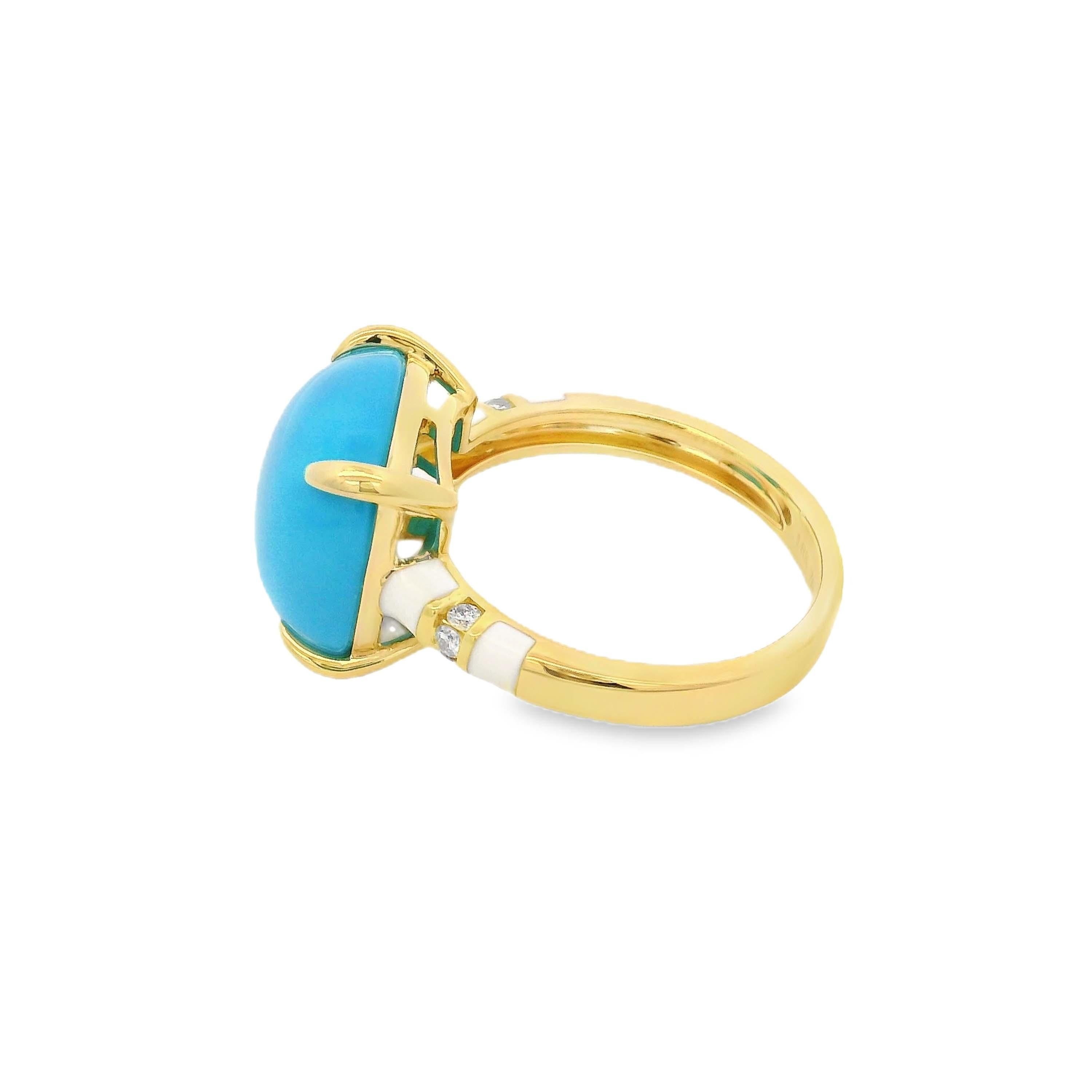 Cabochon Vintage6.56Ct Sleeping Beauty Turquoise Enamel Diamond Ring in 18K Yellow Gold For Sale