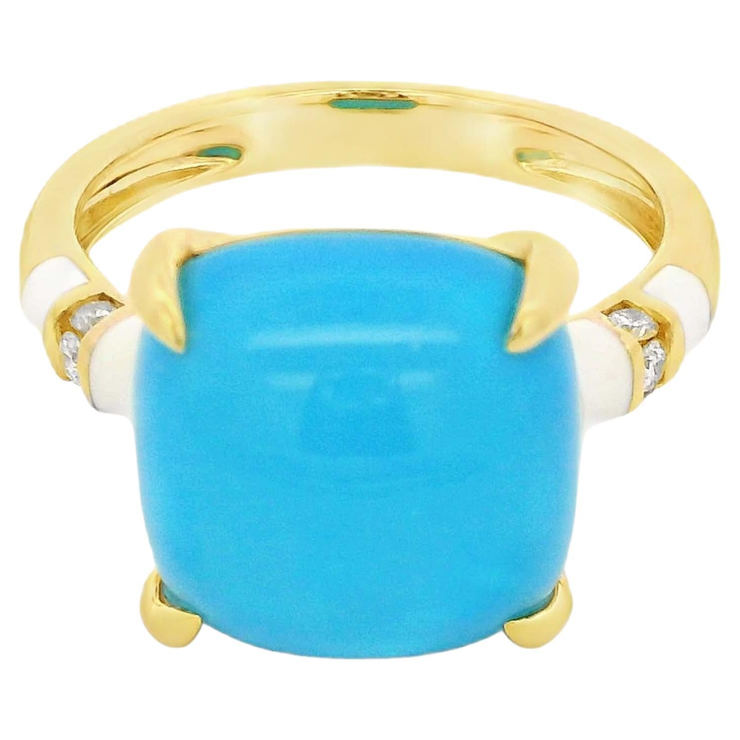 Art Deco Vintage6.56Ct Sleeping Beauty Turquoise Enamel Diamond Ring in 18K Yellow Gold For Sale