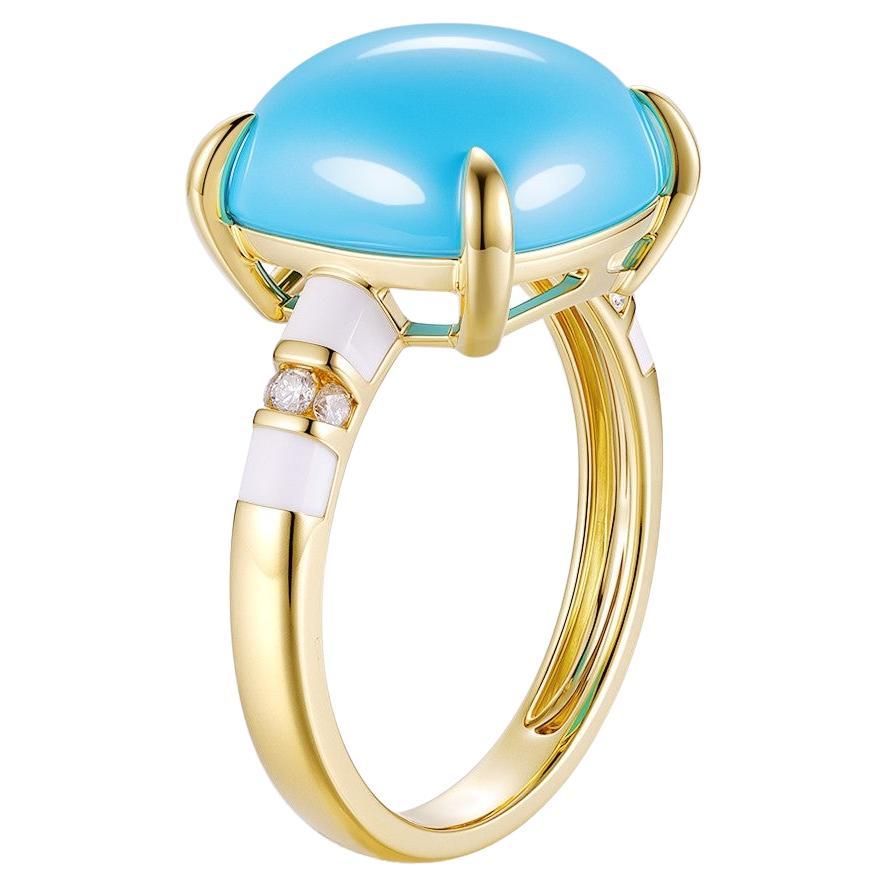 Bold and serene, this exquisite ring is a celebration of modern elegance and natural beauty. Crafted in 18K yellow gold weighing 3.62 grams, the design centers around a smooth and vibrant 6.56-carat turquoise cabochon, known for its vivid blue hue