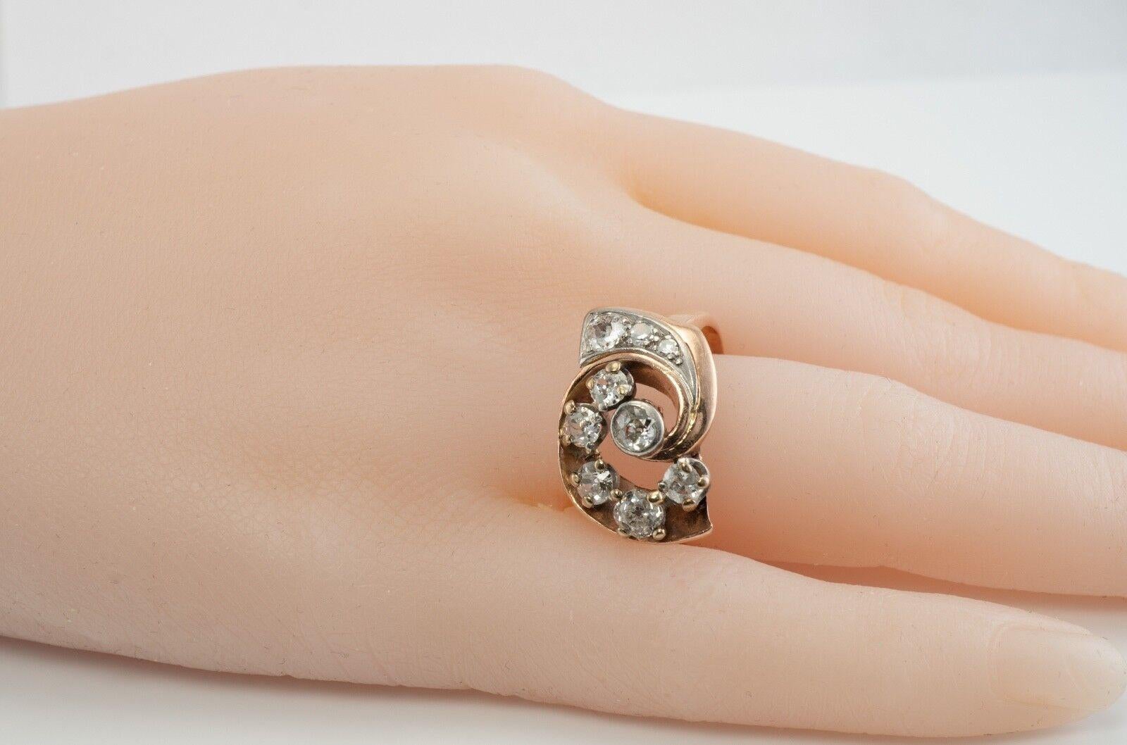 VintageDiamond Ring 14K Rose Gold Spiral 1.05 TDW Old Mine In Good Condition For Sale In East Brunswick, NJ