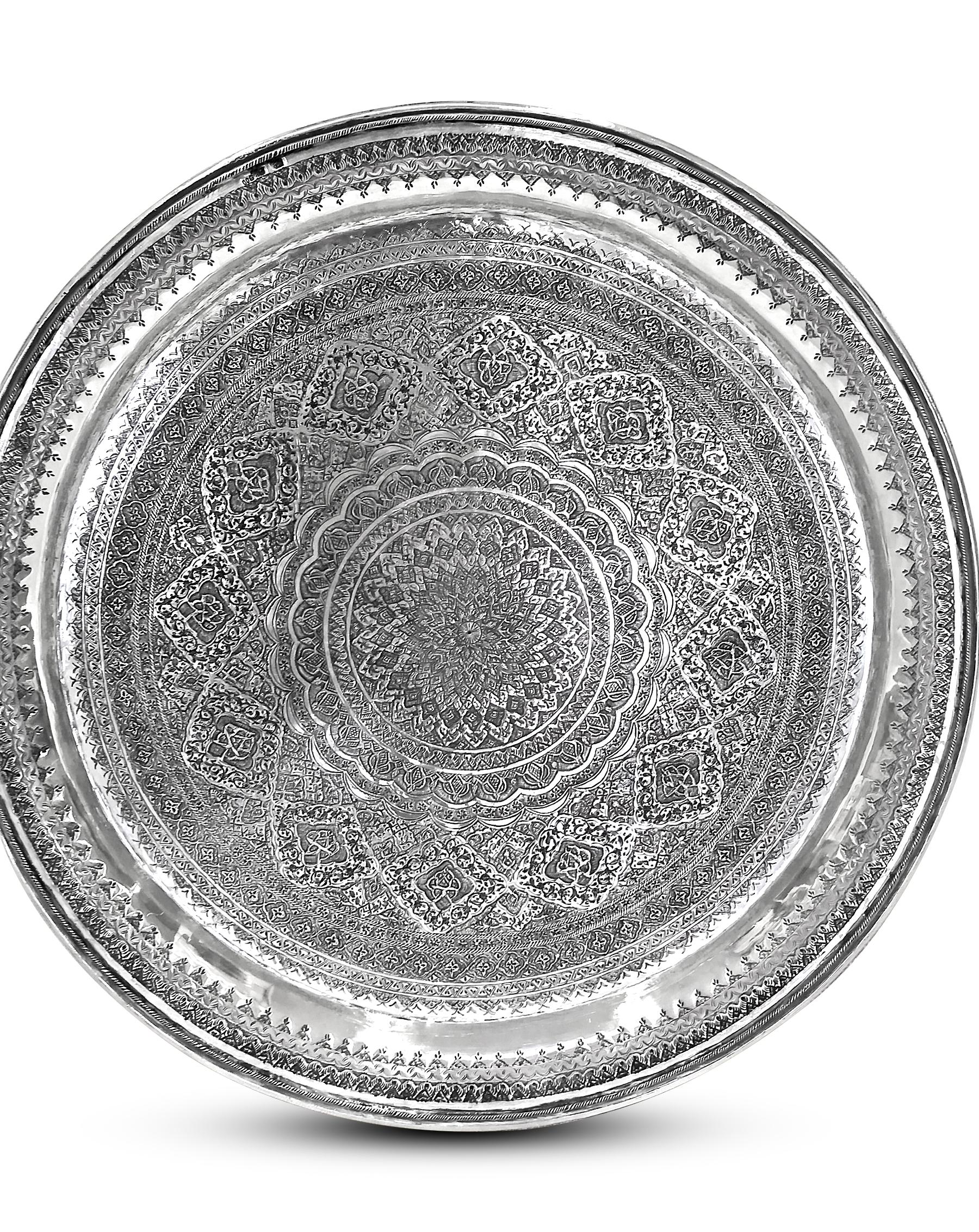Artisan Vintage, Exotic, Old, Round Silver Tray, Extreme Detailed Hand Carved For Sale