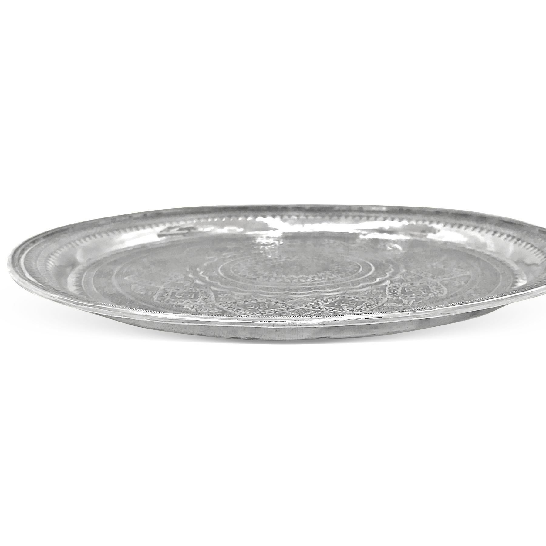 Vintage, Exotic, Old, Round Silver Tray, Extreme Detailed Hand Carved For Sale 1