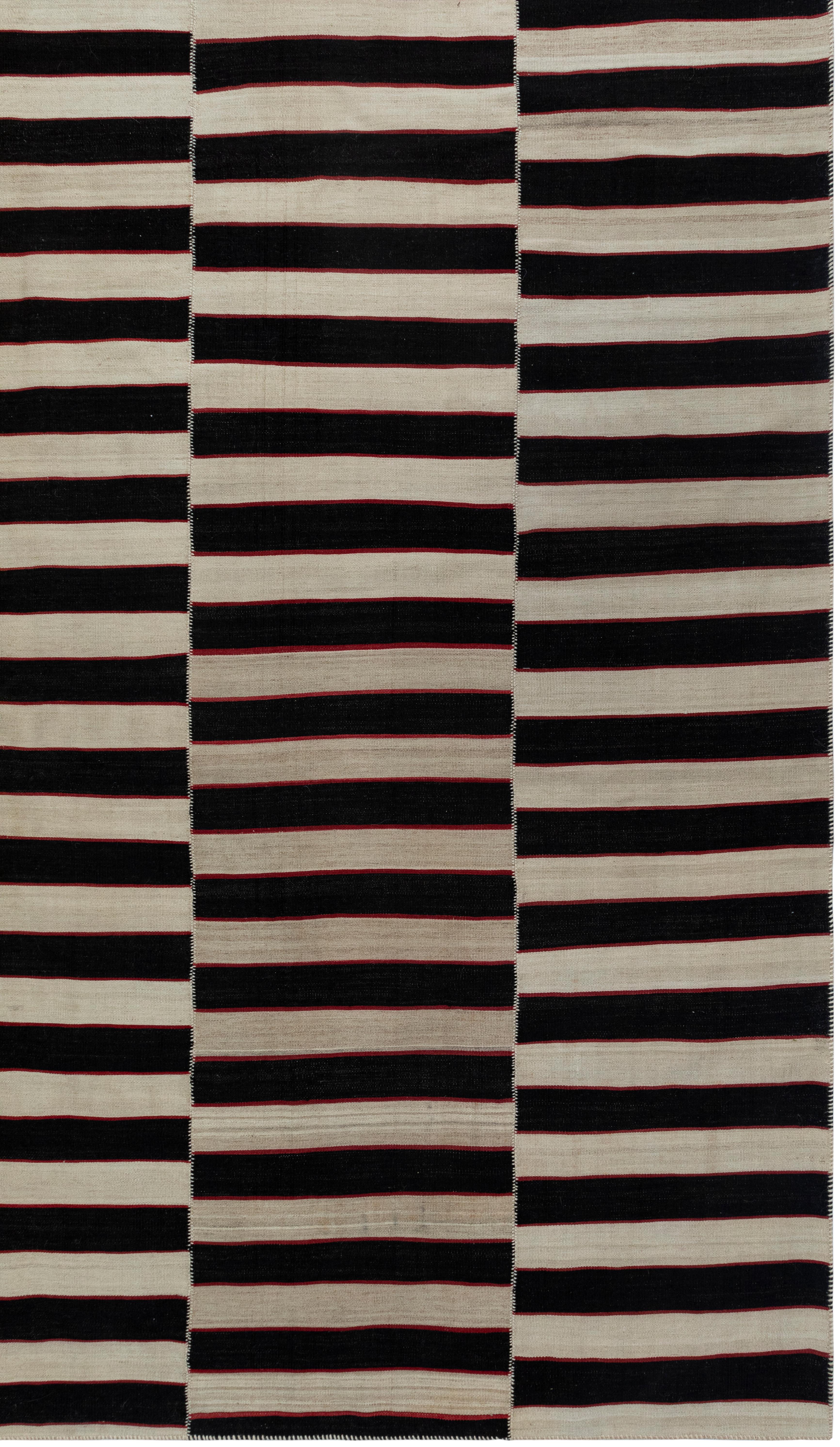 VintagePersian Black and White Striped Flat Weave Rug  Hand-Spun Wool & Veg Dyes For Sale 4