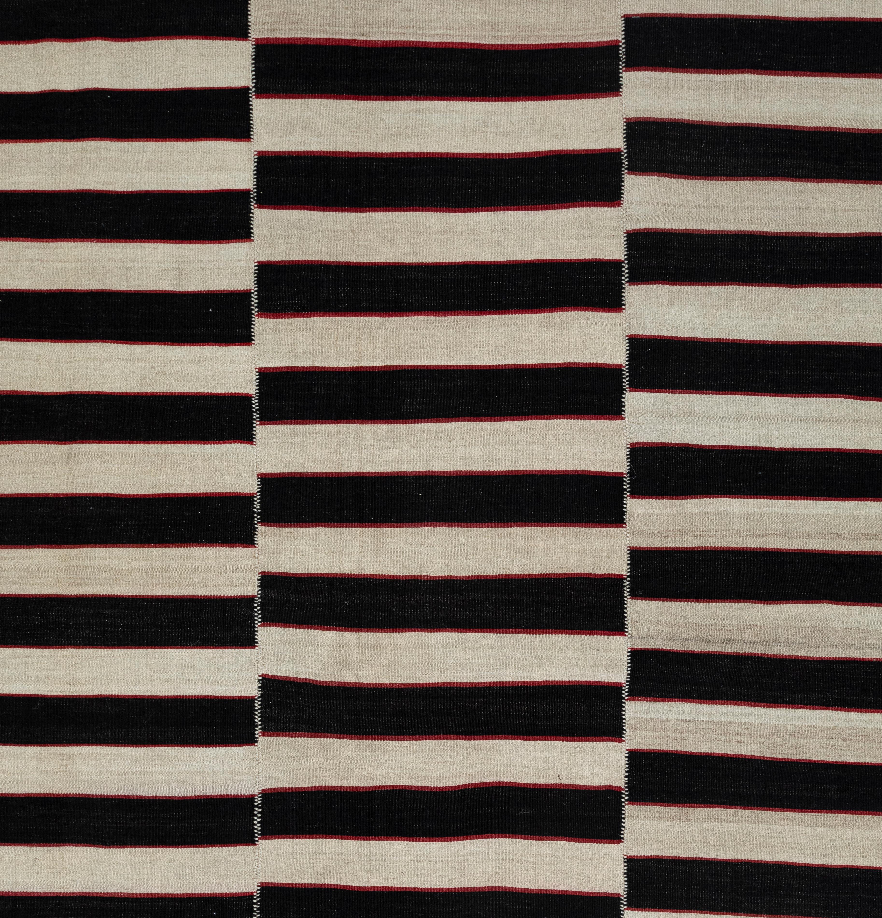 VintagePersian Black and White Striped Flat Weave Rug  Hand-Spun Wool & Veg Dyes For Sale 5