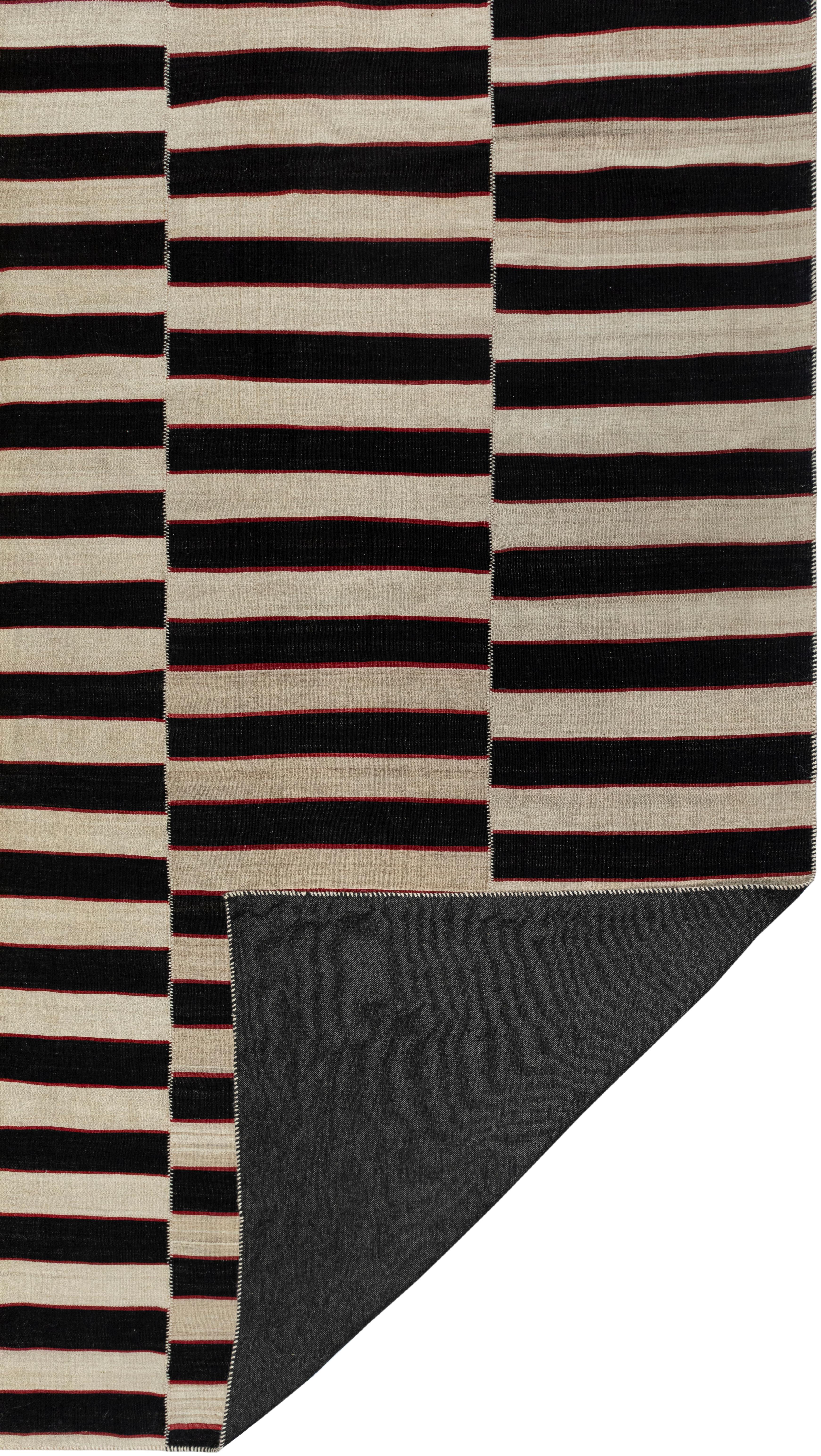 VintagePersian Black and White Striped Flat Weave Rug  Hand-Spun Wool & Veg Dyes For Sale 6