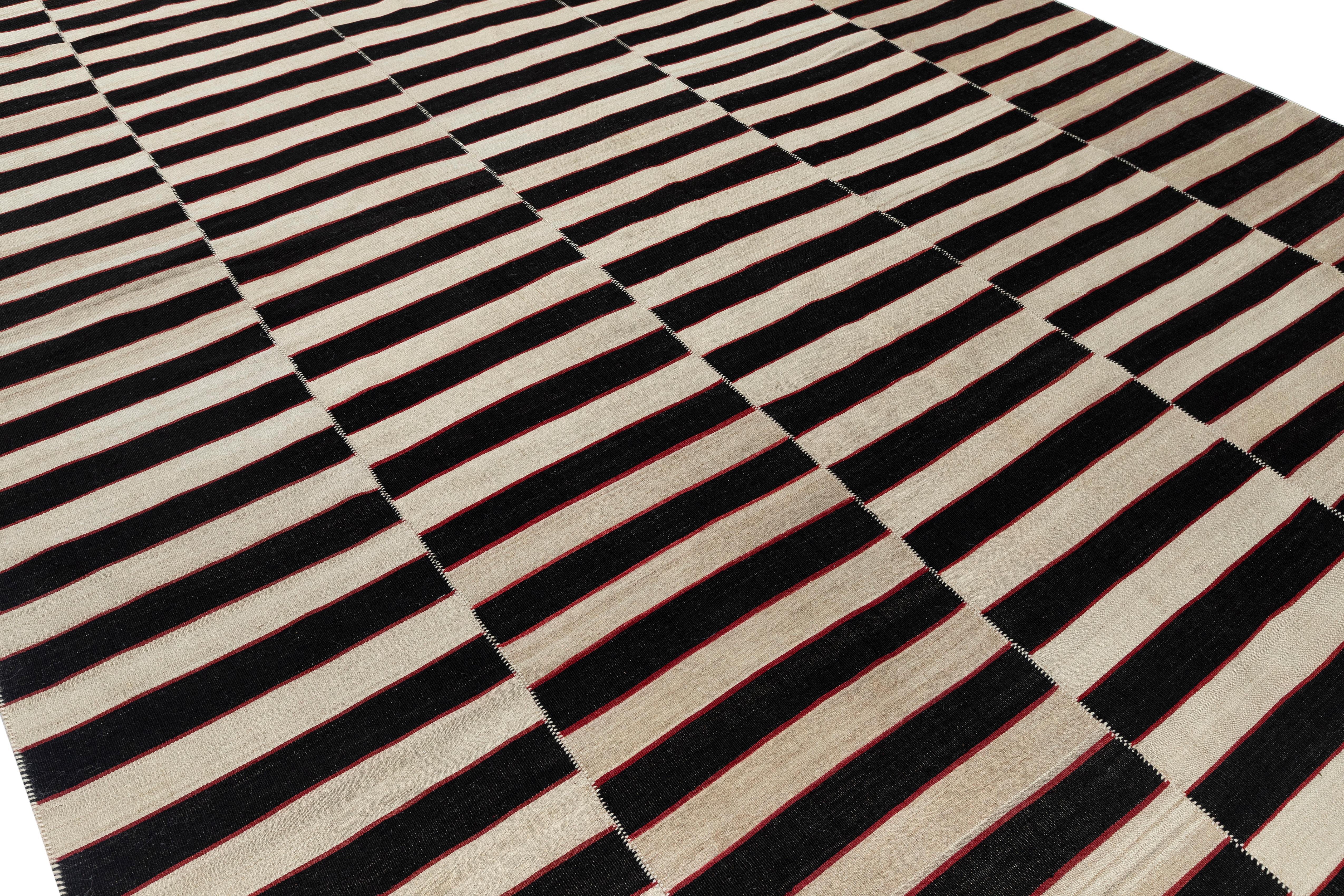 Modern VintagePersian Black and White Striped Flat Weave Rug  Hand-Spun Wool & Veg Dyes For Sale
