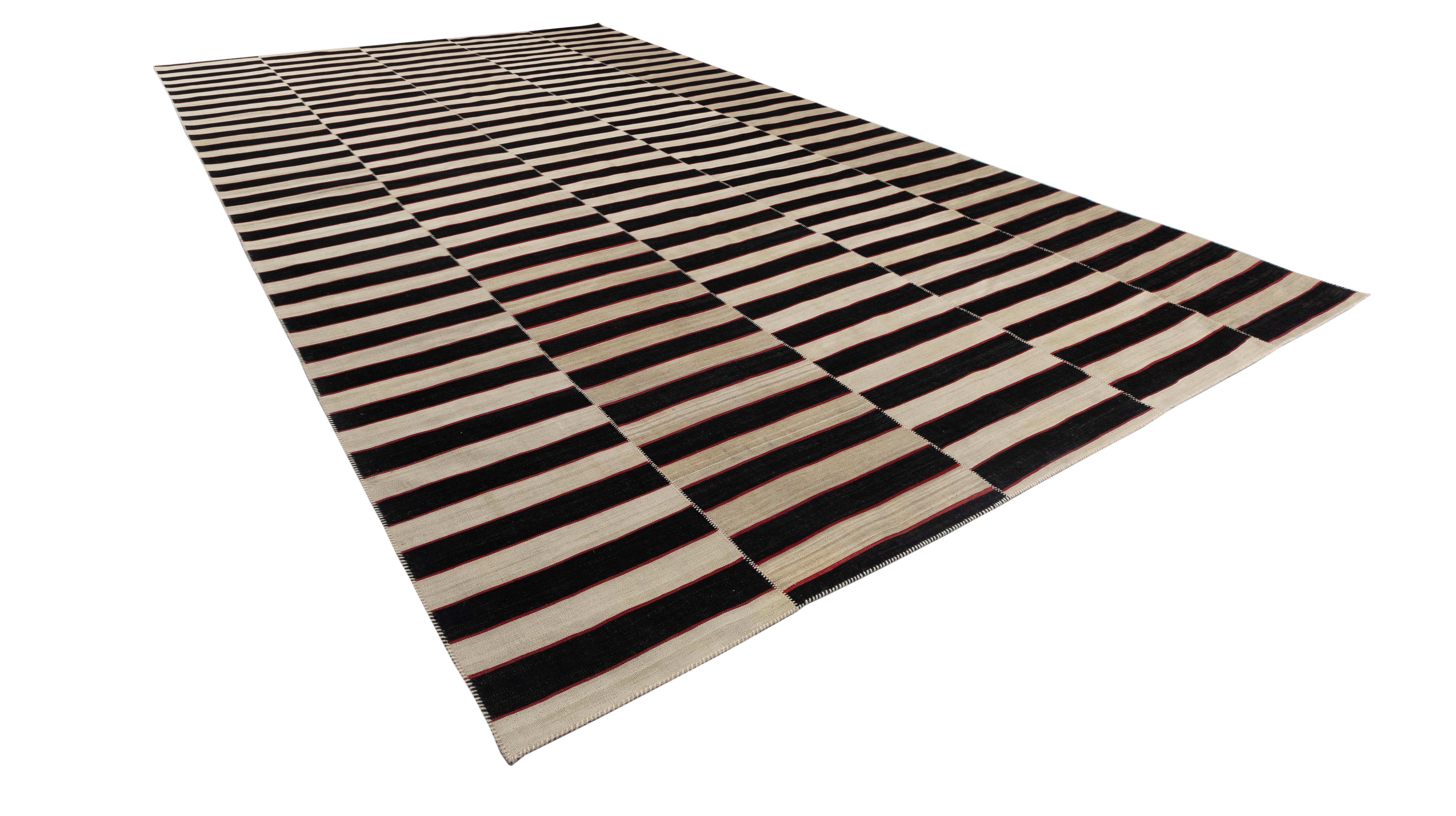 Hand-Woven VintagePersian Black and White Striped Flat Weave Rug  Hand-Spun Wool & Veg Dyes For Sale