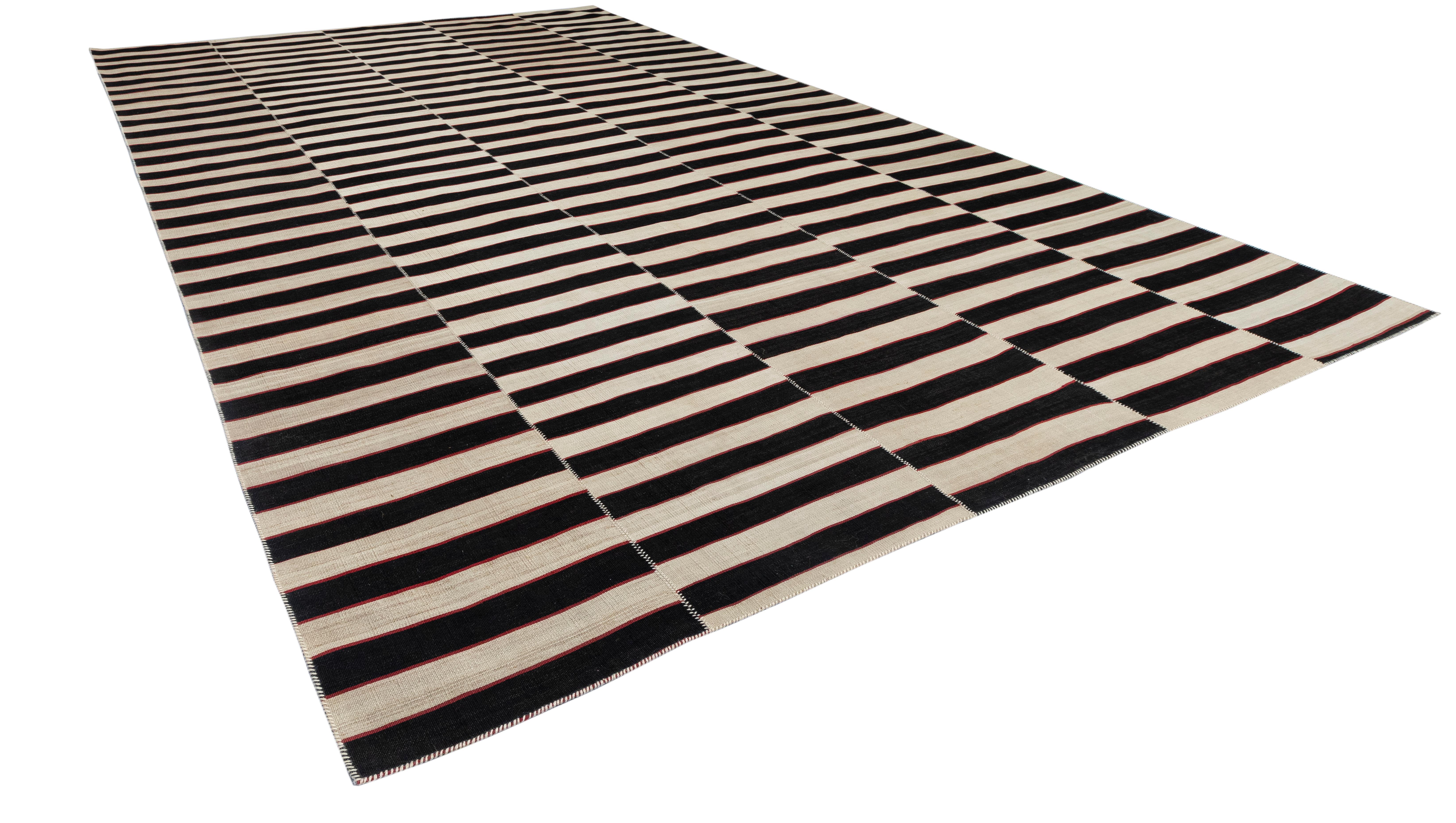 VintagePersian Black and White Striped Flat Weave Rug  Hand-Spun Wool & Veg Dyes In Excellent Condition For Sale In New York, NY