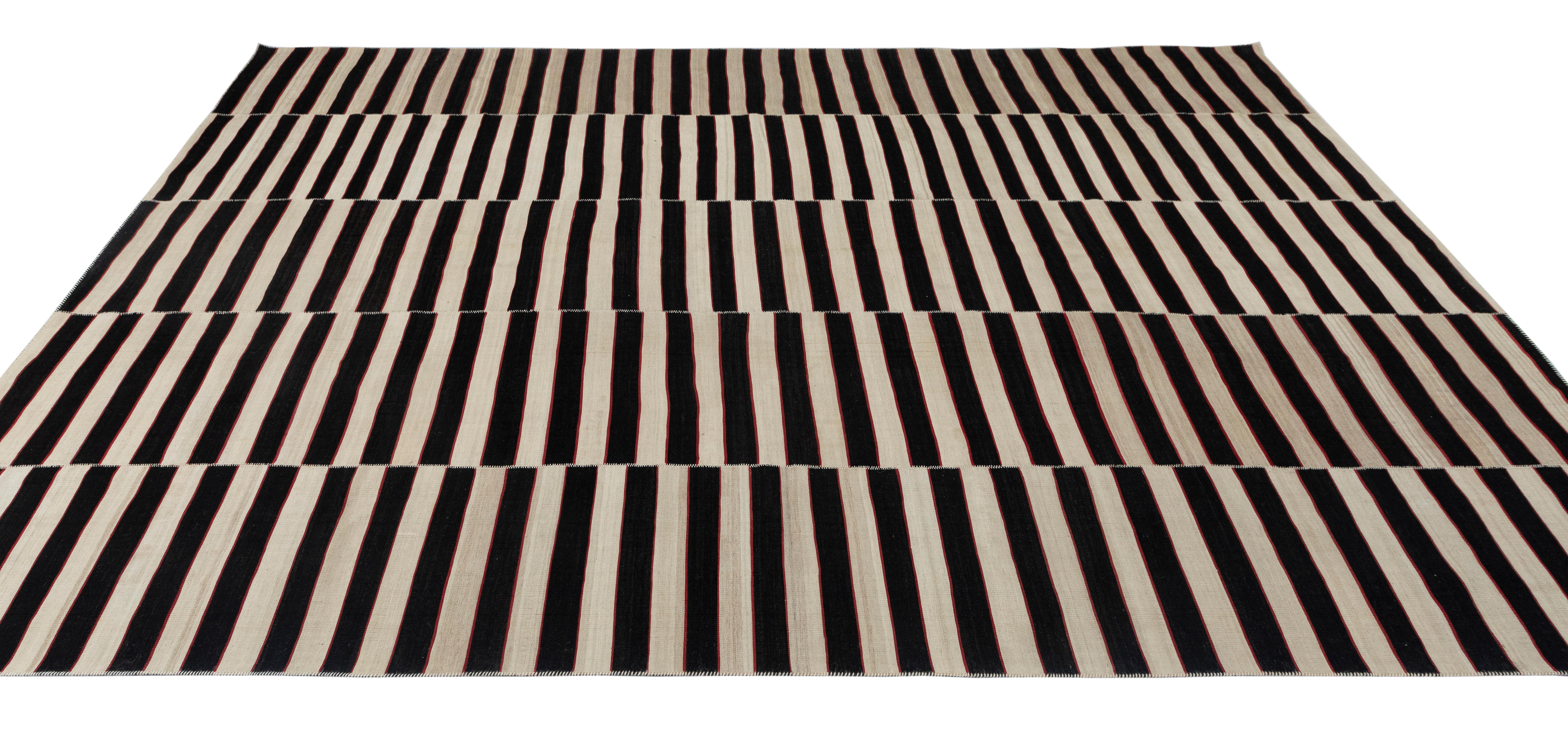 20th Century VintagePersian Black and White Striped Flat Weave Rug  Hand-Spun Wool & Veg Dyes For Sale