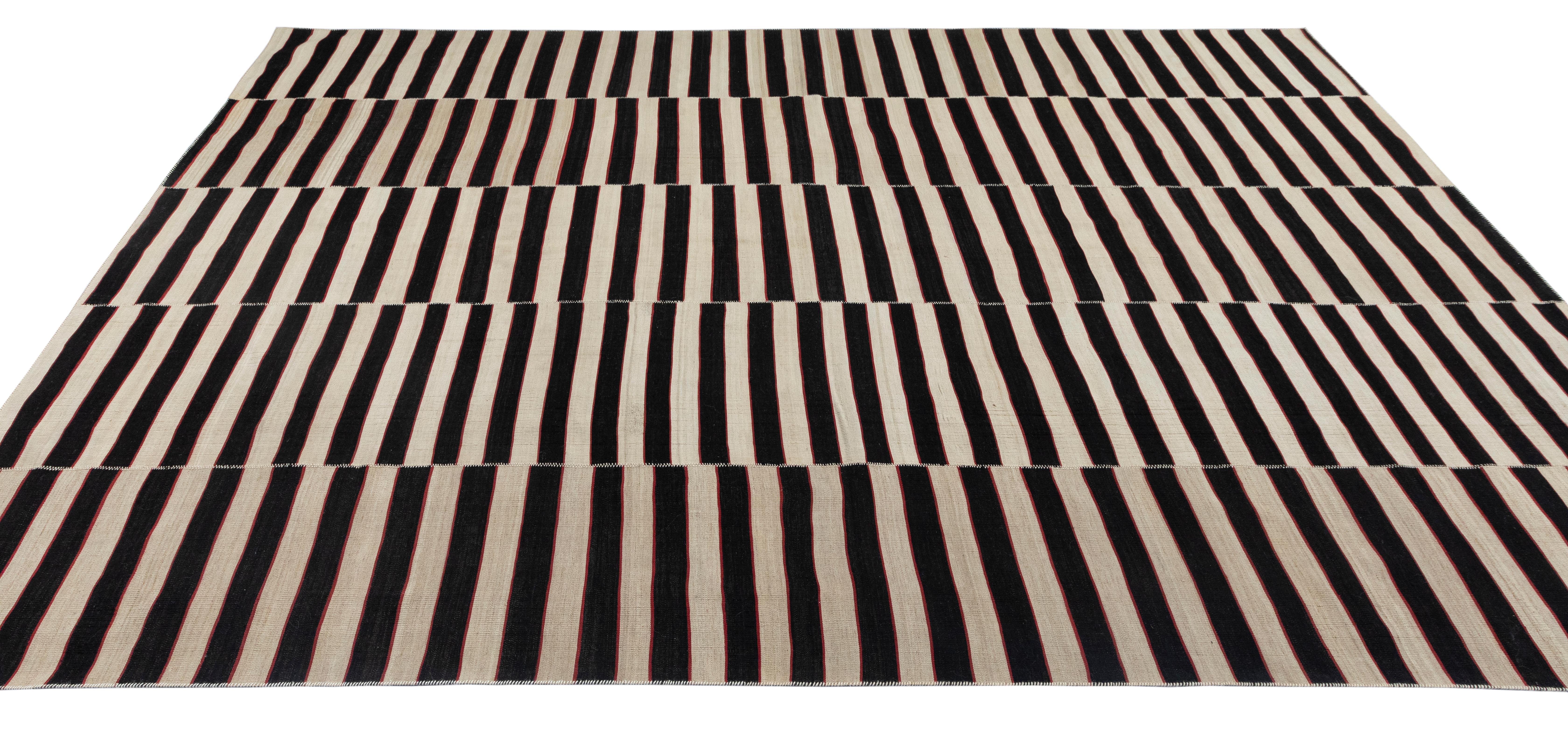 VintagePersian Black and White Striped Flat Weave Rug  Hand-Spun Wool & Veg Dyes For Sale 1