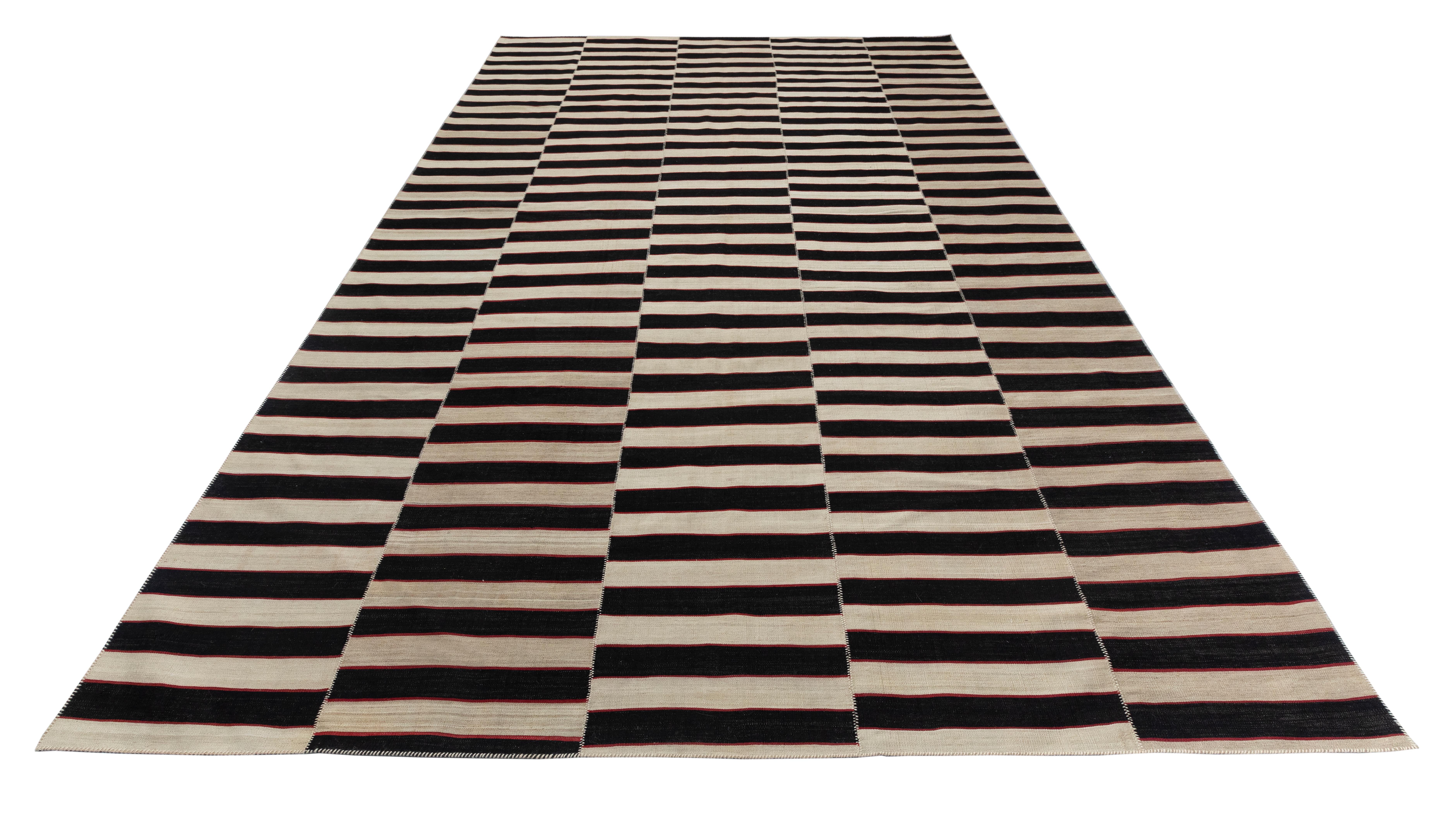 VintagePersian Black and White Striped Flat Weave Rug  Hand-Spun Wool & Veg Dyes For Sale 2