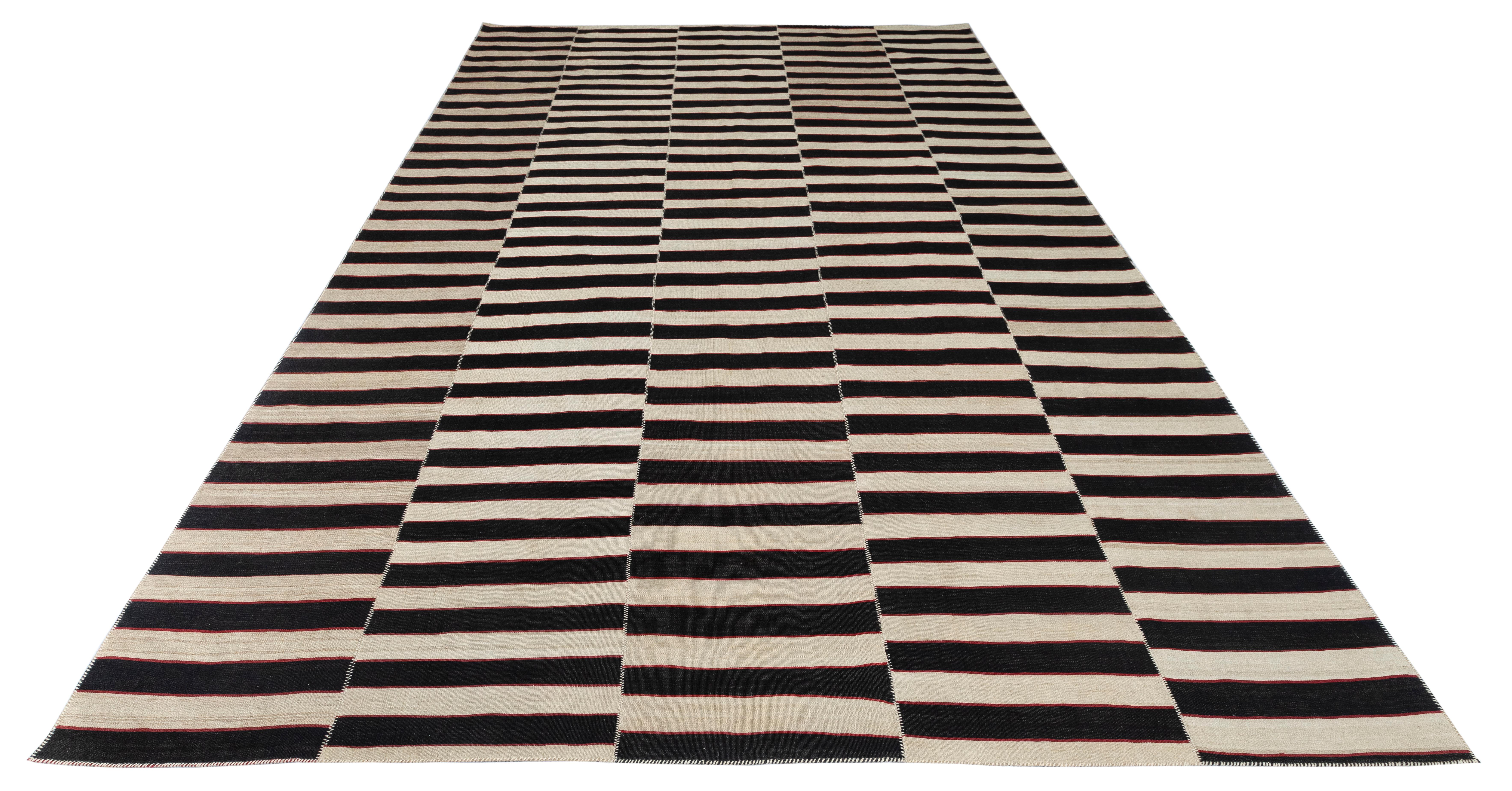 VintagePersian Black and White Striped Flat Weave Rug  Hand-Spun Wool & Veg Dyes For Sale 3