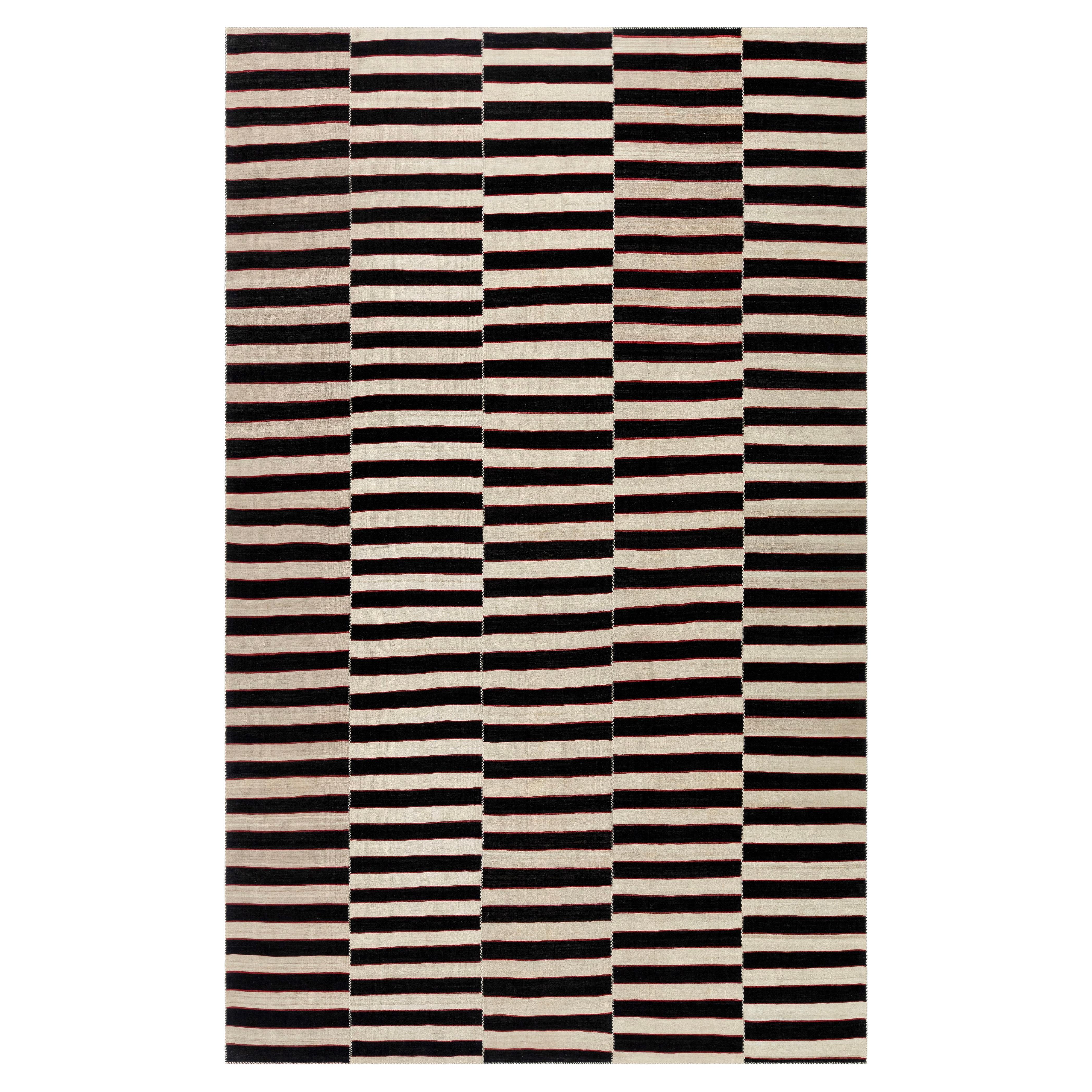VintagePersian Black and White Striped Flat Weave Rug  Hand-Spun Wool & Veg Dyes For Sale