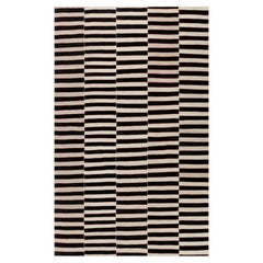 VintagePersian Black and White Striped Flat Weave Rug  Hand-Spun Wool & Veg Dyes
