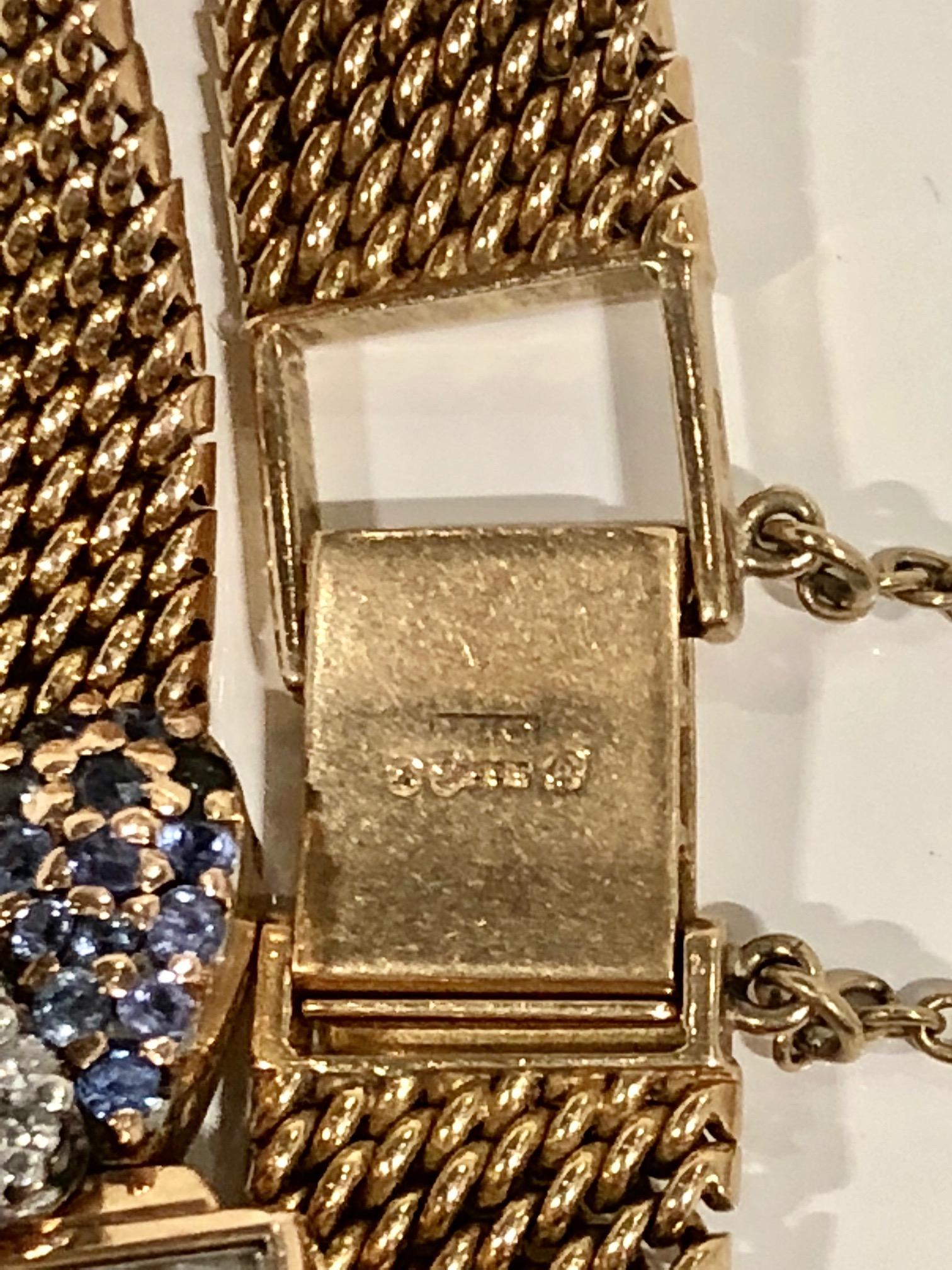 Damen-Armbanduhr, quadratisch, 18 Karat Gold und Diamant und Ceylon-Saphir (Rosenschliff) im Angebot