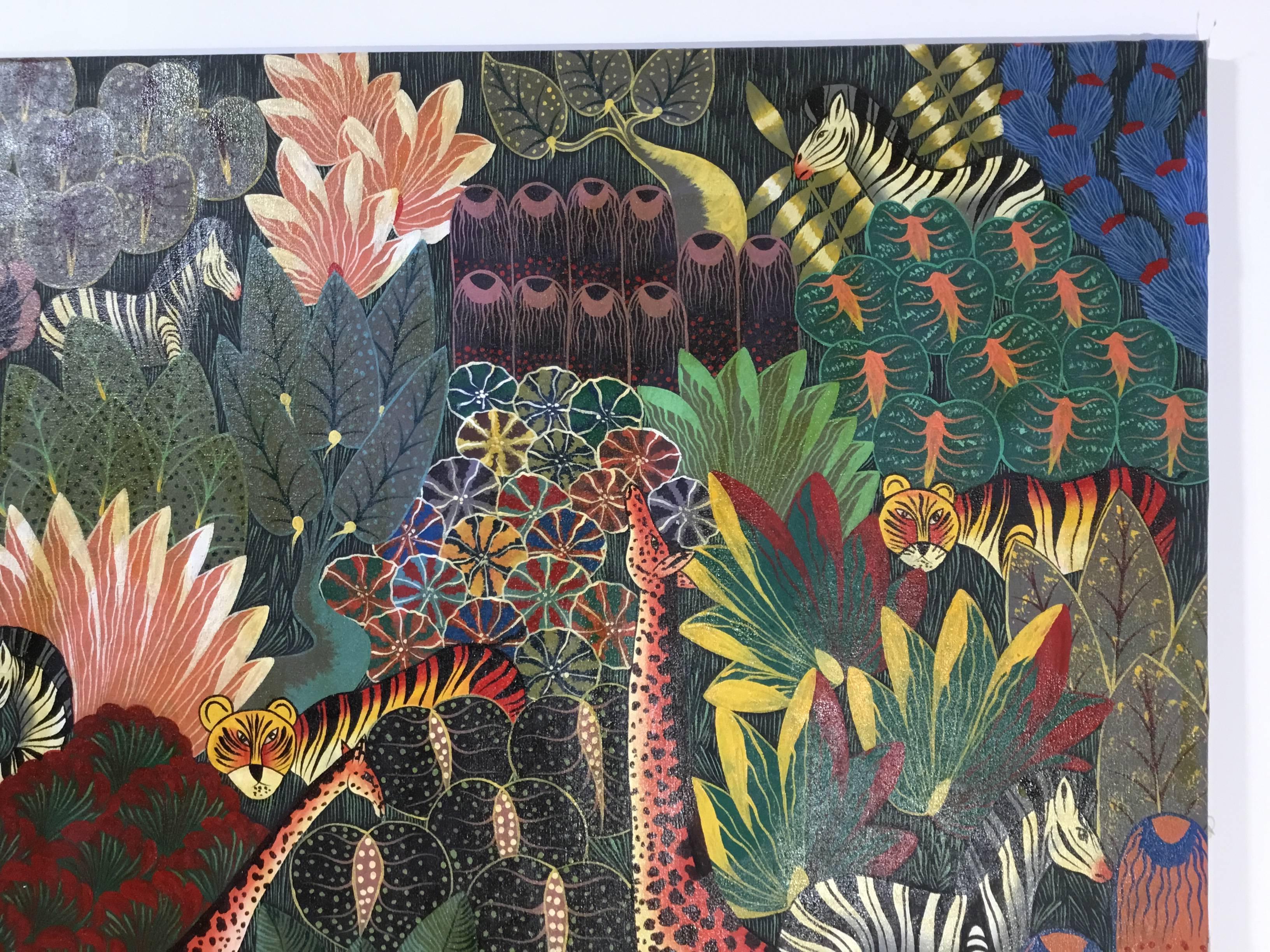 Beautiful original primitive oil painting on canvas depicting lush colorful jungle exceptional plants and vine and hidden giraffes zebras and tigers. Signed by the artist on the bottom right. Frame is not included.