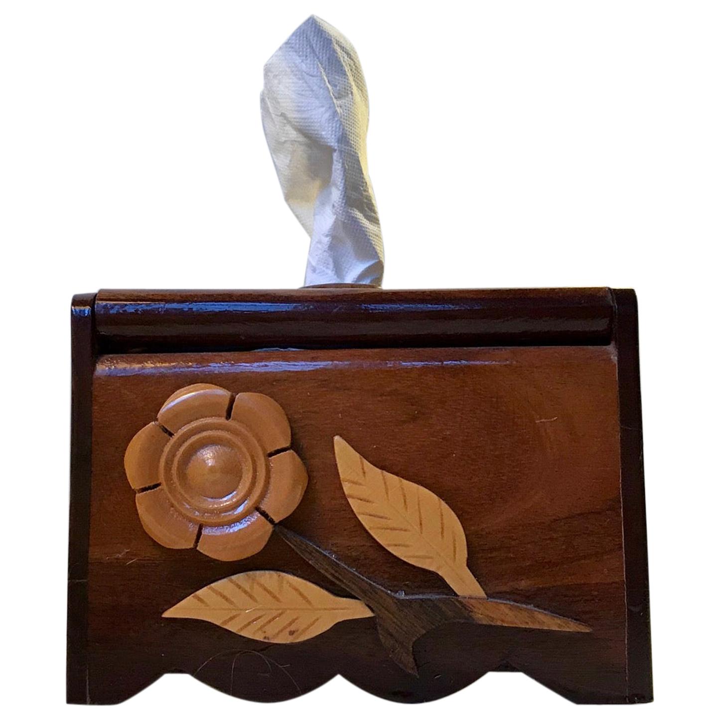 VintageScandinavian Folk Art Hand Towel Box in Mixed Woods, 1970s For Sale