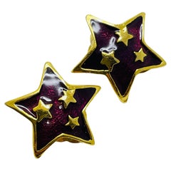 Vintage Vintsge gold tone enamel star clip on earrings